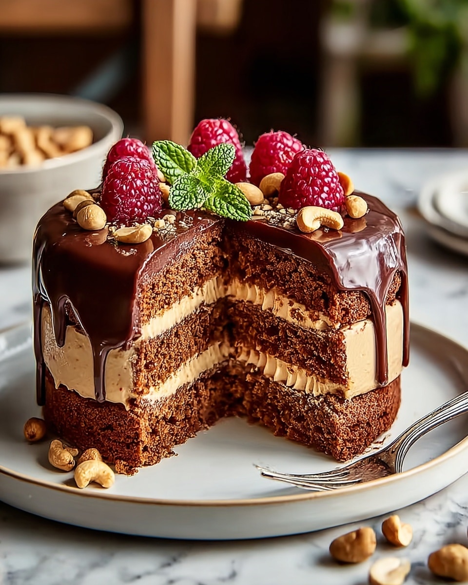 A close-up of a slice of three-layer cake on a white plate with a fork on the side is shown. The cake consists of alternating light brown sponge cake and creamy beige filling in three layers. The top layer is decorated with two red cherries and small swirls of light brown frosting. A shiny, dark red glaze generously drips down the sides of the cake, creating a rich and glossy appearance. The setting has a white marbled texture surface in the background. photo taken with an iphone --ar 4:5 --v 7