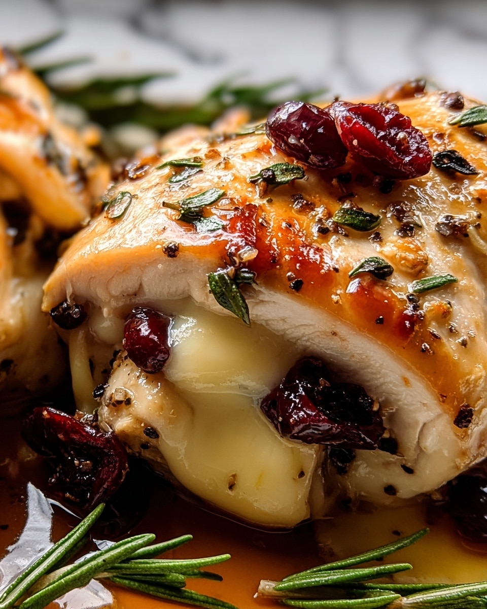 A close-up shot of a golden-brown cooked chicken breast roll stuffed with layers of melted cheese and dark red dried cranberries inside. The chicken exterior is shiny with herbs like chopped rosemary and black pepper sprinkled over the top, and a single cranberry piece placed on top as a garnish. The chicken is resting on a shiny sauce with sprigs of rosemary around. The background is a white marbled texture. photo taken with an iphone --ar 4:5 --v 7