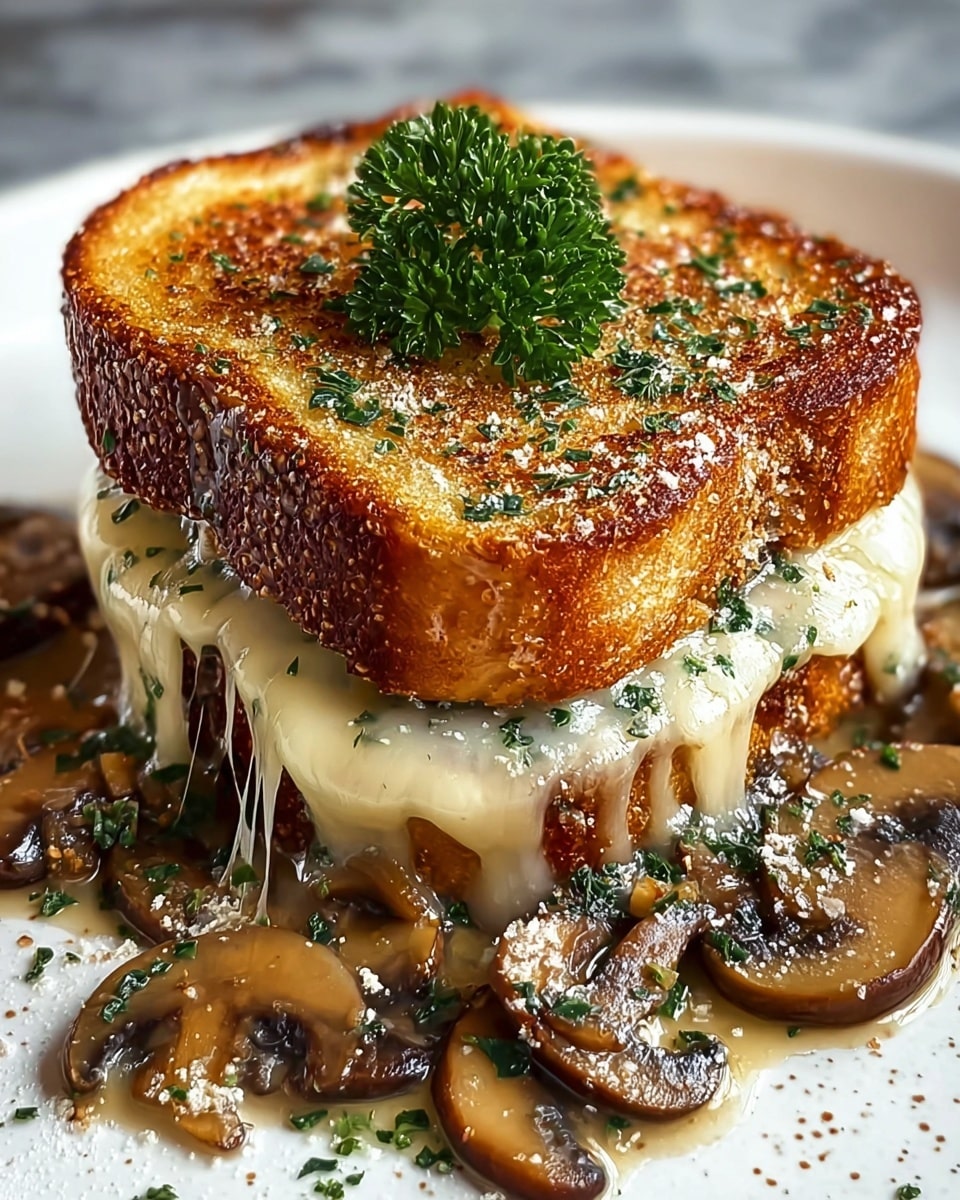 A white plate holds a sandwich with two thick slices of golden brown toasted bread, crispy and slightly shiny from butter, topped with a small bunch of fresh green parsley. Between the bread slices are creamy melted cheese and sautéed brown mushrooms that spill out at the sides, with the cheese flowing down softly onto the plate mixed with the mushrooms. The top bread has tiny green herb sprinkles and a light dusting of white powder. The scene is set on a white marbled surface with soft warm lighting. photo taken with an iphone --ar 4:5 --v 7