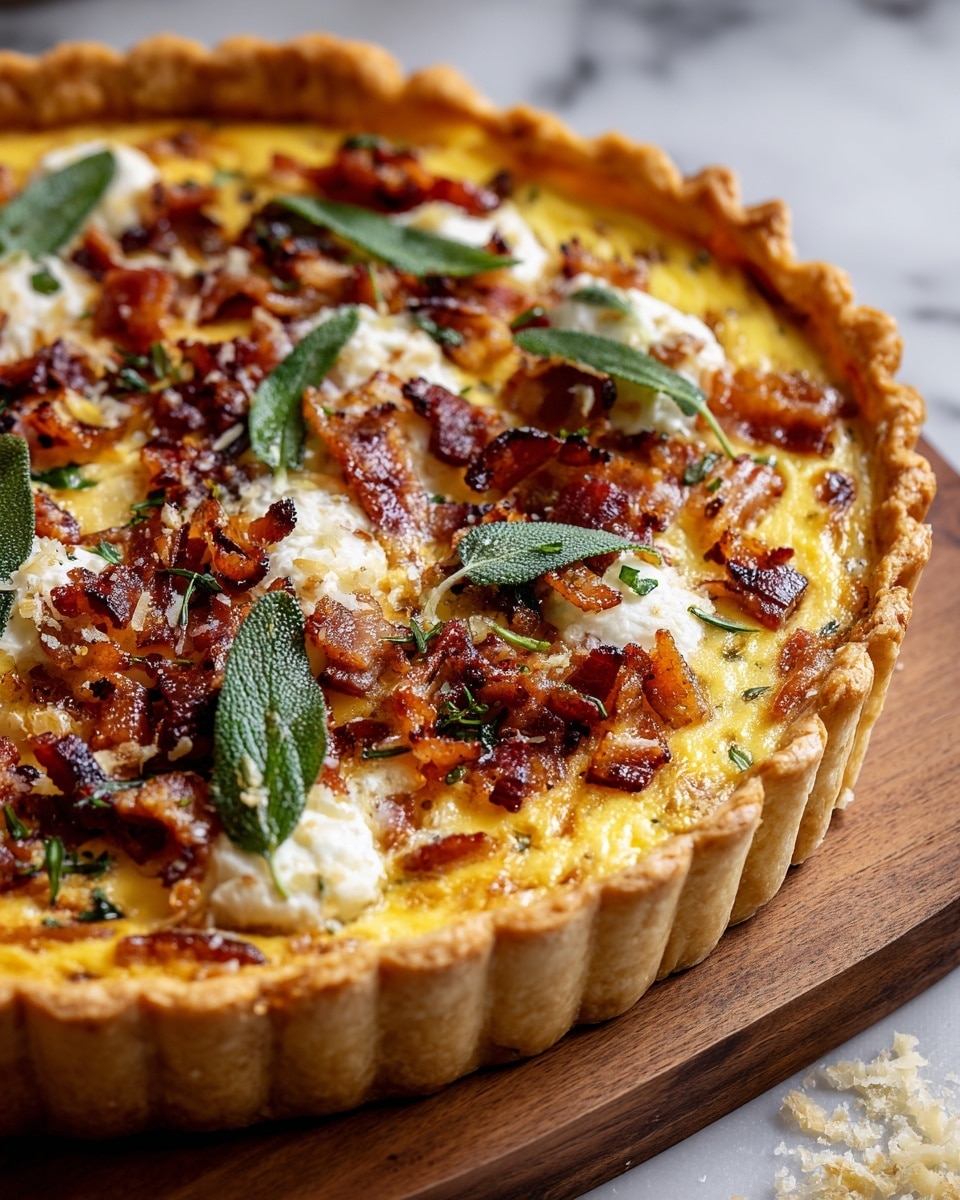 A close-up of a savory tart with a golden-brown, flaky crust forming the base layer, filled with a creamy, slightly yellow egg custard as the second layer. On top, there is a mix of crispy, browned bacon pieces scattered evenly, along with dollops of white cheese melting into the custard. Fresh green sage leaves are placed on the surface, adding a touch of color and texture. The tart is set on a wooden board over a white marbled surface, with some grated cheese sprinkled lightly on top. Photo taken with an iphone --ar 4:5 --v 7