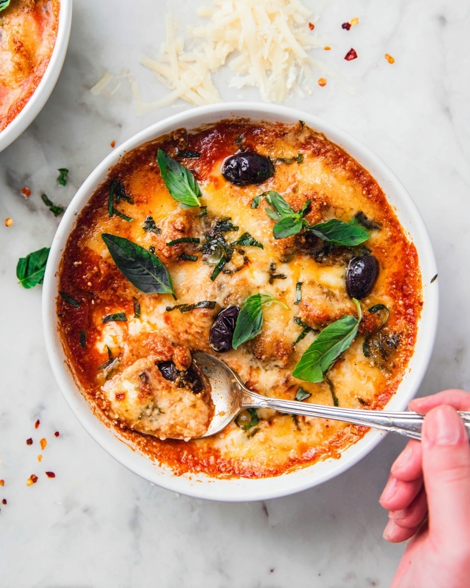 The image shows several white bowls and small glass dishes arranged on a white marbled surface. Starting from the top, there is a bowl filled with shredded yellow cheese, to the right a bowl of smooth, thick red tomato sauce, and below that a bowl of white, crumbly cottage cheese. In the middle is a bowl of dark purple sliced olives. Surrounding these are three small glass bowls containing light tan garlic powder, green dried herbs, and red chili flakes. To the left of everything lies a small bunch of fresh green basil leaves with visible veins and texture. Photo taken with an iphone --ar 4:5 --v 7