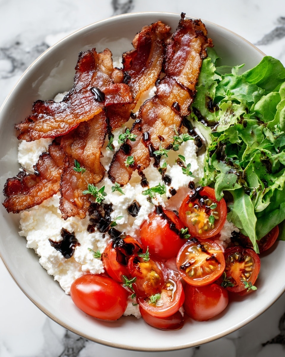 A white bowl filled with a fresh salad sits on a white marbled surface. The bowl has three main layers: on the left, creamy white cottage cheese spread thickly with a slightly lumpy texture; on top of this, several crispy strips of dark reddish-brown bacon are laid out in a row, glistening with oil. To the right of the bacon, bright green lettuce leaves form a fresh, leafy pile with a soft texture. In front of the lettuce, there is a cluster of whole and halved cherry tomatoes in bright red and orange colors. Drizzled over the bacon, cottage cheese, lettuce, and tomatoes is a dark shiny balsamic glaze with a smooth, syrupy texture. Small sprigs of chopped green herbs are scattered across the top, adding more fresh green color. photo taken with an iphone --ar 4:5 --v 7