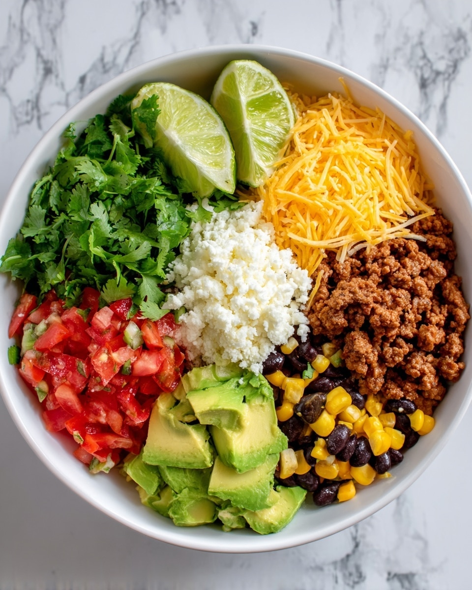 A white bowl filled with six colorful layers arranged side by side: bright yellow shredded cheese on the right, creamy white crumbled cheese next to it, fresh red diced tomatoes with green cilantro in the middle, bright green sliced avocado just below the tomatoes, a mix of dark black beans and yellow corn with brown cooked ground meat on the left, topped with two lime halves and a bunch of fresh green cilantro on the top left edge. The bowl is placed on a white marbled surface. photo taken with an iphone --ar 4:5 --v 7