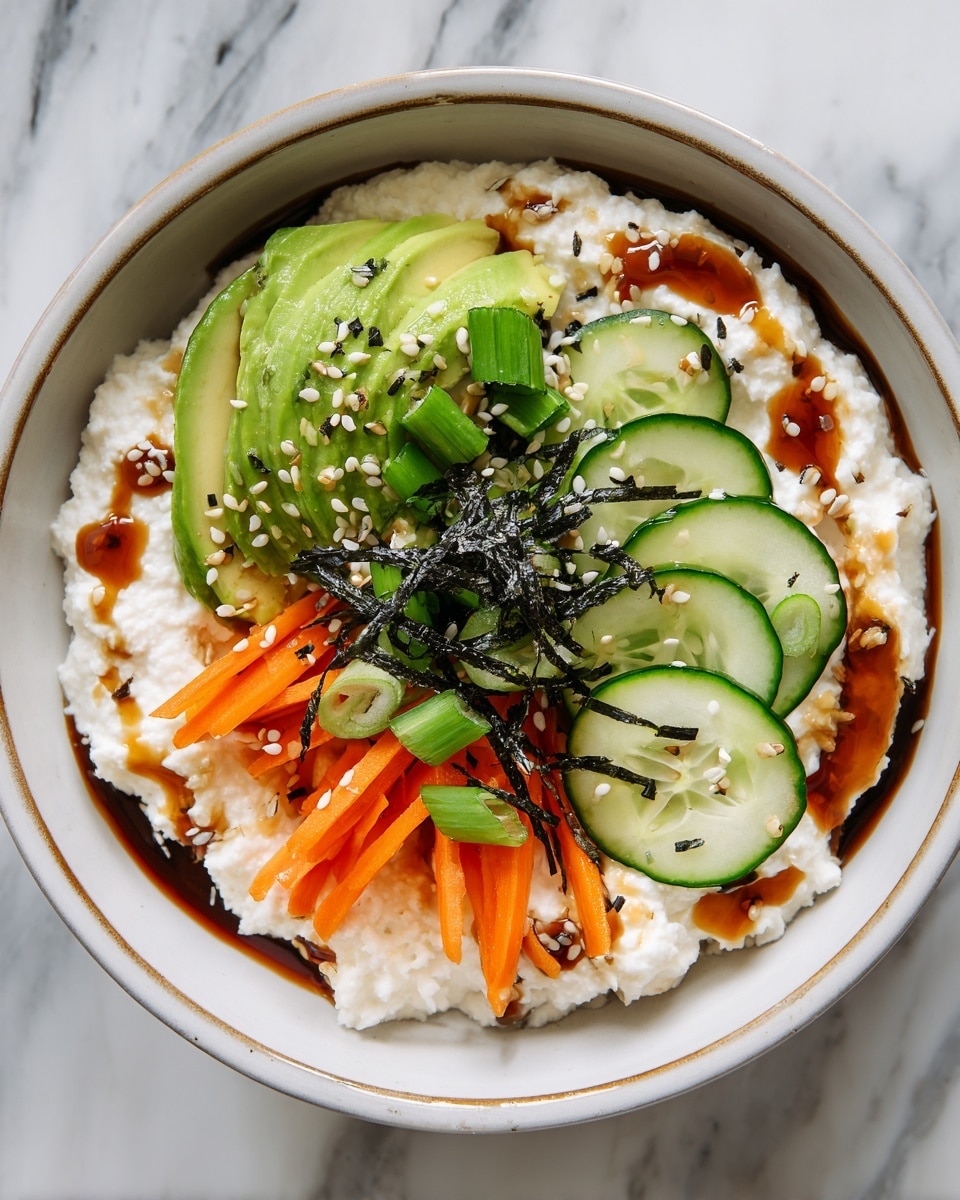 A white bowl filled with four visible layers arranged in a circle: the bottom layer is white cottage cheese with a soft and bumpy texture, slightly covered in a dark brown sauce drizzled on top; above the cottage cheese, on the left side are several slices of smooth, bright green avocado fanned out; next to the avocado are thin, dark green cucumber slices placed tightly side by side forming a neat curve; on the right side are thin, orange carrot strips loosely piled; the center has a small cluster of shredded dark green seaweed topped with chopped bright green spring onions and sprinkled with white and black sesame seeds. The bowl sits on a white marbled surface with a wooden chopstick on the right side. photo taken with an iphone --ar 4:5 --v 7