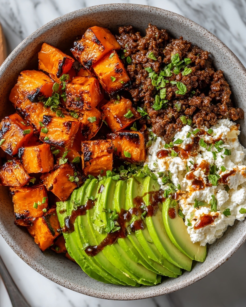 A bowl with four main sections: one side has bright orange grilled sweet potato cubes with slight charring and a glossy glaze, next to a portion of dark brown cooked ground meat with small green herb pieces sprinkled on top. Another section contains creamy white cottage cheese topped with a dark brown drizzle of sauce and green herbs. The last section shows thin green avocado slices fanned out, also drizzled with the same dark brown sauce and garnished with green herbs. The bowl is light gray with a speckled texture, placed on a white marbled surface. photo taken with an iphone --ar 4:5 --v 7