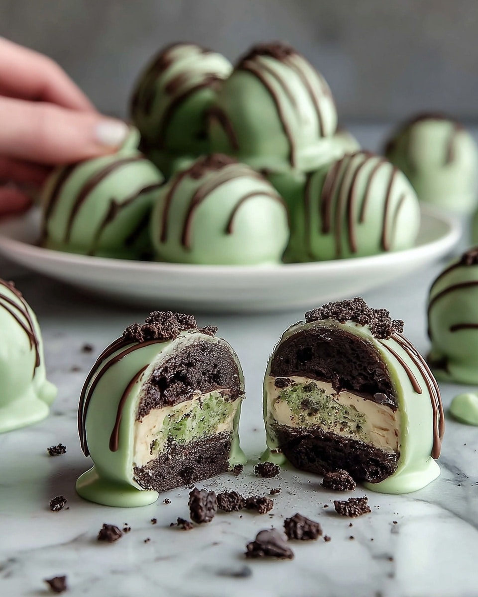 The image shows several round desserts coated in light green chocolate with dark chocolate crumbs sprinkled on top and drizzled with more green chocolate. In the front, two of these balls are cut in half, revealing layers inside: a dark chocolate outer layer, a creamy middle layer with specks of green, and a cookie-like bottom layer mixed with green bits. These treats sit on a white marbled surface, with dark chocolate crumbs and small pieces scattered around them. In the background, more whole green-coated balls rest on a white plate, and a woman's hand holds one of the cut pieces. Photo taken with an iphone --ar 4:5 --v 7
