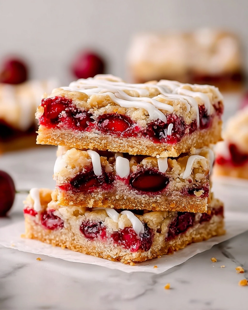 A close-up of a stack of three cherry dessert bars on crumpled white parchment paper, set on a white marbled texture. Each bar has three layers: a golden, crumbly crust at the bottom, a thick layer of bright red cherry filling with whole cherries in the middle, and a golden-baked top crust with a drizzle of white icing that slightly melts over the edges. The cherry filling looks juicy and glossy, contrasting with the soft but firm crust, and the icing adds a smooth, shiny finish. In the soft background, more stacked cherry bars and some whole cherries are visible out of focus. Photo taken with an iphone --ar 4:5 --v 7