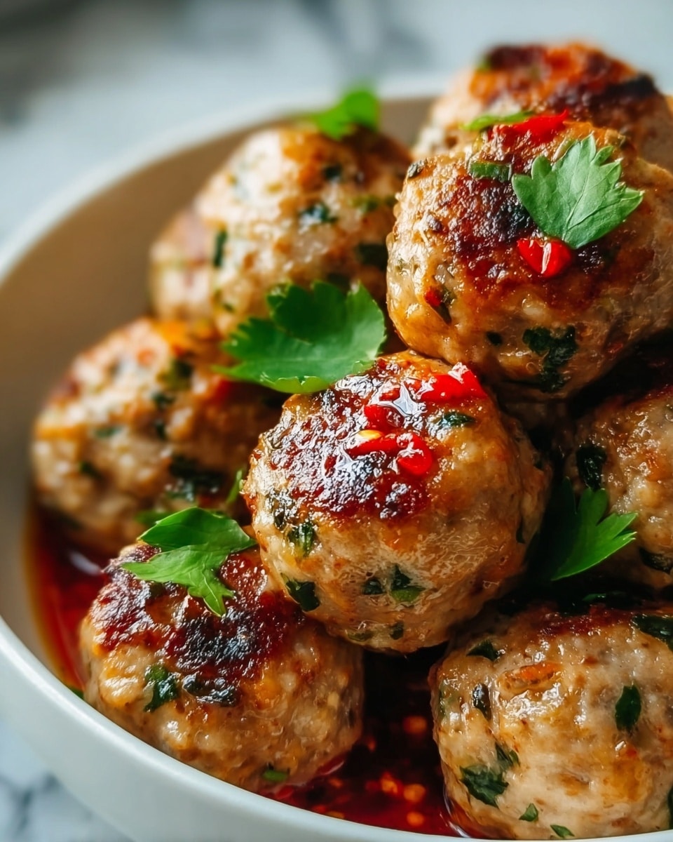 A close-up of a white bowl filled with about ten round meatballs that have a golden-brown crust on top and are speckled with green herbs throughout. Each meatball is garnished with small fresh green leaves, and some have a shiny red sauce with bits of chili on top. The meatballs look moist and slightly greasy, sitting closely together in the bowl with a bit of red sauce pooled at the bottom. The background is softly blurred with a white marbled texture beneath the bowl. photo taken with an iphone --ar 4:5 --v 7