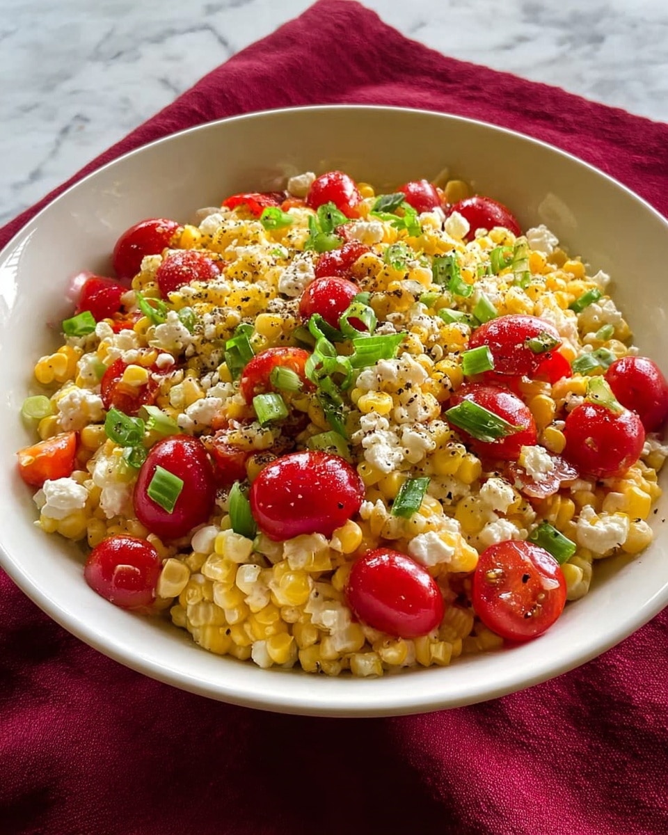 A white bowl filled with a colorful corn salad, featuring a base layer of yellow corn kernels mixed with small white cheese crumbles, topped with halved bright red cherry tomatoes and scattered chopped green onions, all lightly sprinkled with black pepper. The bowl sits on a deep red cloth against a white marbled background. Photo taken with an iphone --ar 4:5 --v 7