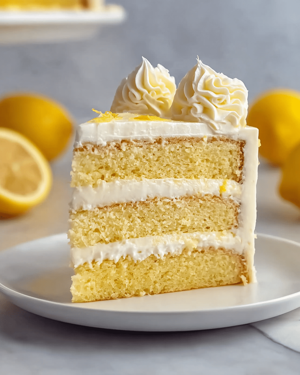 The image shows a slice of a three-layer yellow cake with each layer separated by thick white creamy frosting. The top of the cake is covered smoothly with the same white frosting and decorated with three dollops of swirled cream placed near the edge. The cake slice sits on a plain white plate, which is placed on a white marbled surface. In the background, there are blurred yellow lemons, giving a fresh feel to the scene. photo taken with an iphone --ar 4:5 --v 7