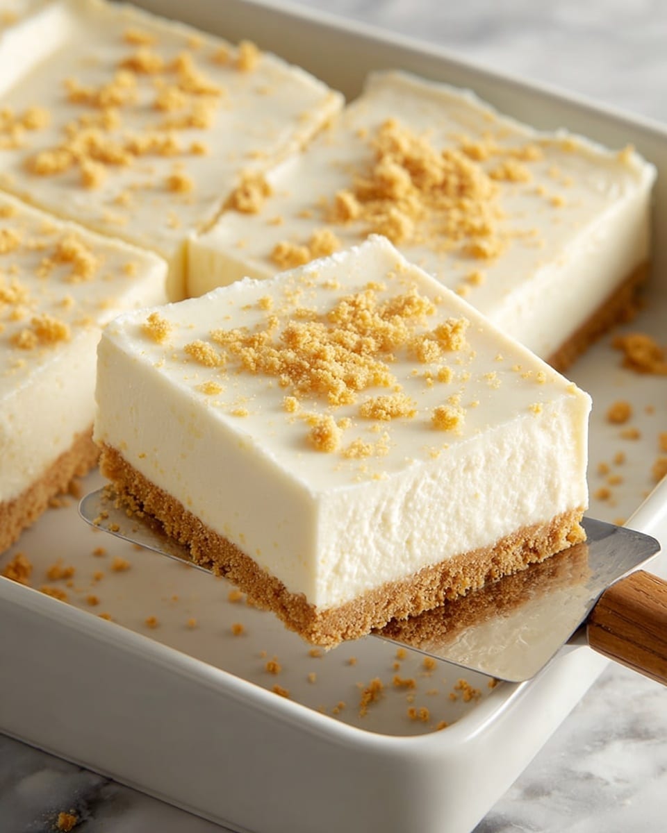 A close-up of a square slice of creamy white dessert with a crumbly light brown crust at the bottom, placed on a white spatula with a light brown handle. The dessert has a thick, smooth middle layer and is topped with light golden crumbs scattered unevenly on the surface. The dessert and spatula rest in a white rectangular dish, which also holds other pieces of the dessert. The entire scene is set on a white marbled surface. photo taken with an iphone --ar 4:5 --v 7