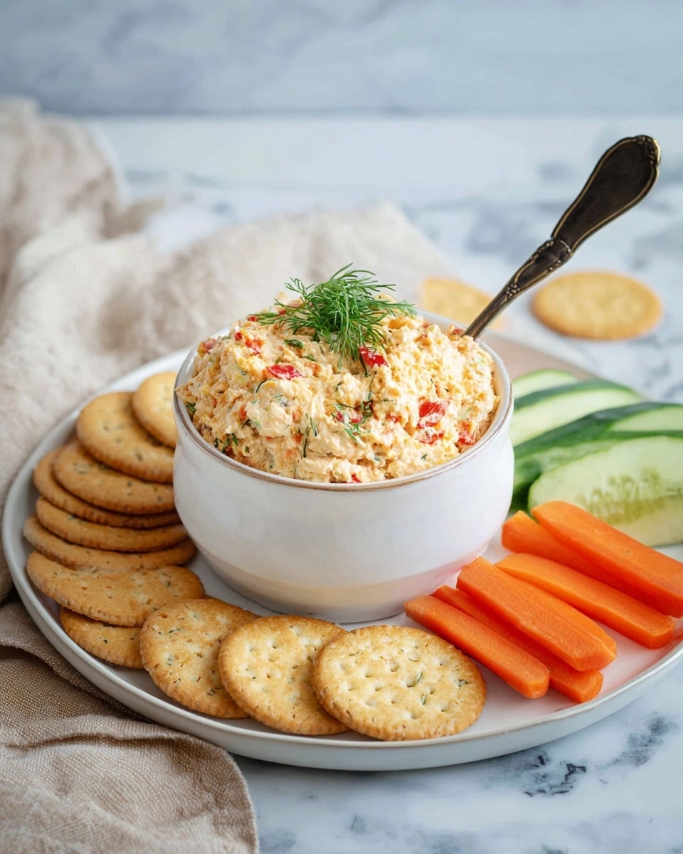 The image shows a white bowl filled with a creamy, chunky spread made from small bits of red pepper and herbs, topped with a small bunch of fresh green dill. The bowl is placed on a white plate with several round, golden-brown crackers neatly lined up on one side. On the other side, there are bright orange carrot slices and green cucumber slices arranged in a small pile. A silver spoon with a dark handle is stuck into the spread inside the bowl. The setup is on a white marbled surface with a beige cloth and a blurred light background. photo taken with an iphone --ar 4:5 --v 7