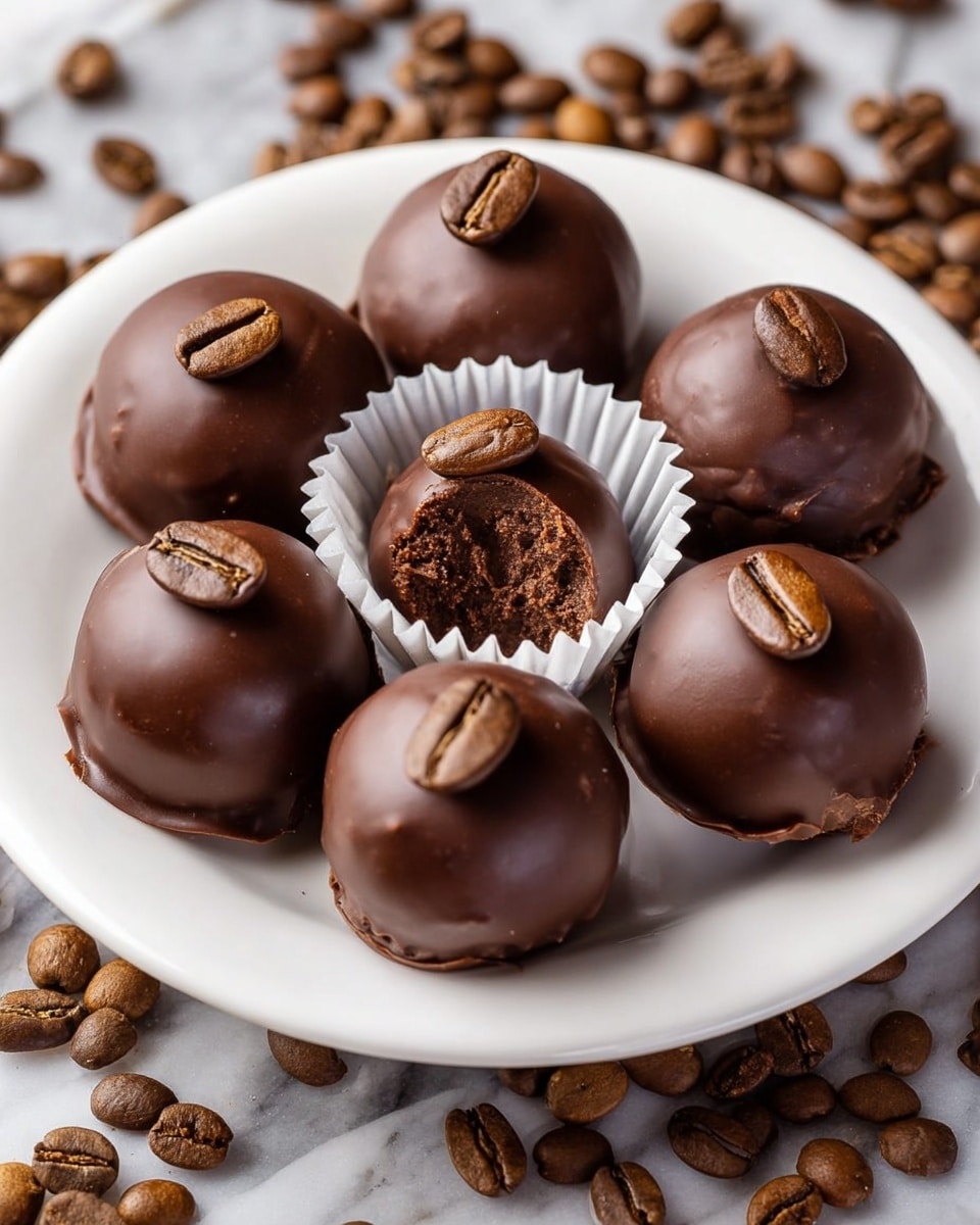 A white plate holds nine round chocolate truffles arranged in a circle around one truffle in the center, which sits in a white paper cup. Each truffle is coated in smooth, dark brown chocolate with a shiny texture and is topped with two roasted coffee beans. One truffle at the back has a visible bite taken out, showing a darker, creamy interior inside the chocolate shell. Coffee beans are scattered around the plate and over a white marbled surface below. Photo taken with an iphone --ar 4:5 --v 7