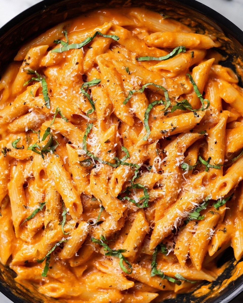 The image shows a close-up of penne pasta richly coated in a smooth, creamy orange sauce. The pasta is arranged in layers, with each penne tube fully covered in the velvety sauce. Scattered all over are thin green strips of fresh basil, adding a pop of color and texture. Finely grated cheese lightly dusts the top, melting slightly into the sauce, enhancing the creamy look. The entire dish sits in a black pan, with the sauce pooling at the edges, showing a glossy, inviting texture. The background is a white marbled surface. photo taken with an iphone --ar 4:5 --v 7