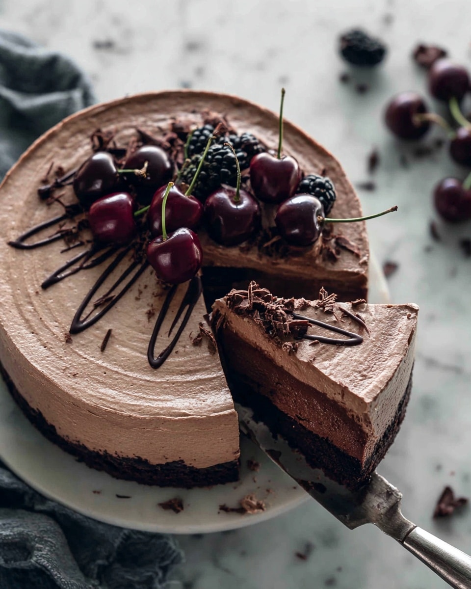 A chocolate cake with three layers sits on a white plate. The bottom layer is a dark chocolate crumb crust. The middle layer is a thick, smooth, dark chocolate mousse. The top layer is a light, swirled milk chocolate frosting, decorated with thin drizzles of dark chocolate. On the top left side of the cake, there are three dark red cherries with stems and two blackberries, adding a fresh look. A slice is being lifted by a knife from the cake, showing the rich chocolate inside. The background is a white marbled texture with some scattered cherries and blackberries. Photo taken with an iphone --ar 4:5 --v 7