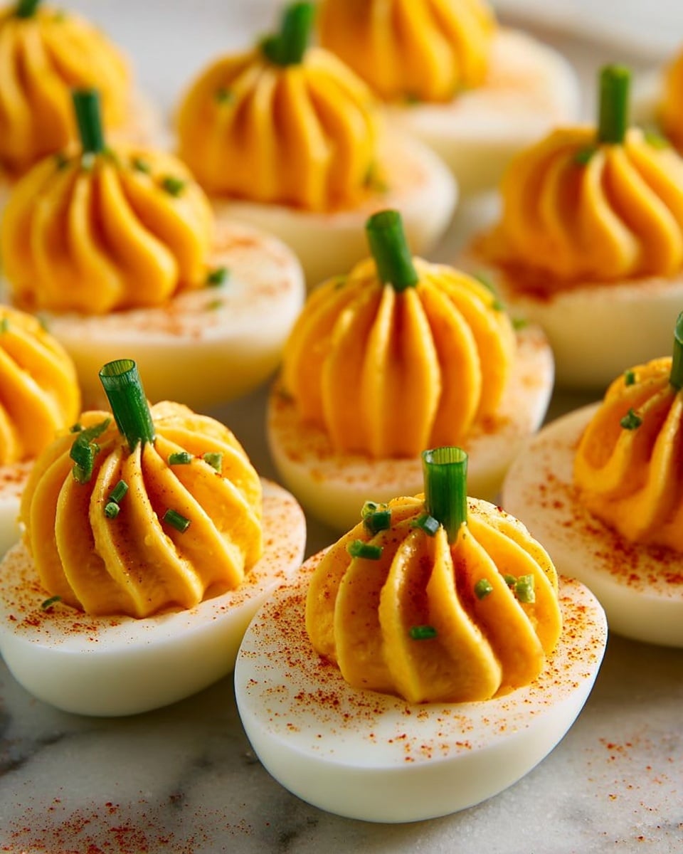 The image shows a group of deviled eggs arranged closely together on a white marbled surface. Each egg half has a smooth, white outer layer of cooked egg white, topped with a thick, yellow-orange swirl of creamy yolk mixture that is piped high, creating ridges that resemble a small pumpkin shape. On top of each yolk swirl are three small green chive pieces arranged like pumpkin stems. The eggs are sprinkled lightly with red paprika powder and small green chive bits for color contrast. The overall look is neat and festive, with the bright yellow-orange and green colors standing out against the white eggs and marble surface. photo taken with an iphone --ar 4:5 --v 7
