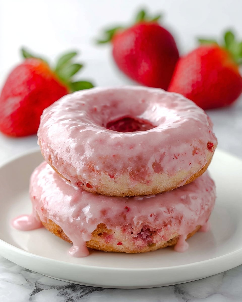 Two pink donuts stacked on a white plate, each covered with a thick, glossy light pink glaze that drips slightly down the sides. The donuts have a soft texture with visible bits of strawberry inside, giving a speckled effect under the glaze. In the background, there are several fresh strawberries with green leaves on a white marbled surface. The image focuses on the donuts, showing their detailed glaze and fluffy texture. Photo taken with an iphone --ar 4:5 --v 7
