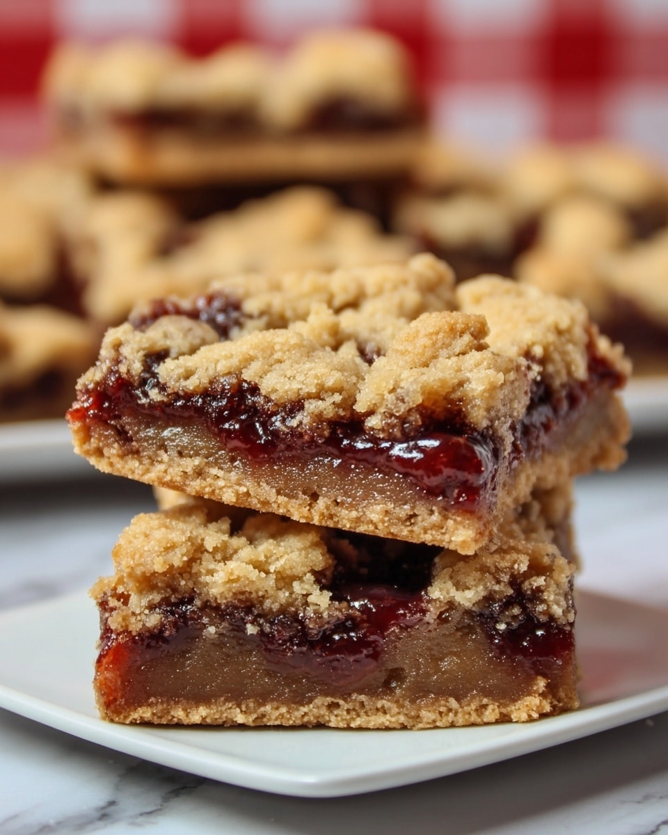 The image shows three stacked dessert bars, each with three layers. The bottom layer is thick, light golden, and firm with a crumbly texture. The middle layer is a thin, glossy, dark red jam that looks sticky and smooth. The top layer is a crumbly, uneven golden crust with small chunks, completing the bar. These bars are placed on a white rectangular plate on a white marbled surface, with a blurred brick wall in the background. photo taken with an iphone --ar 4:5 --v 7
