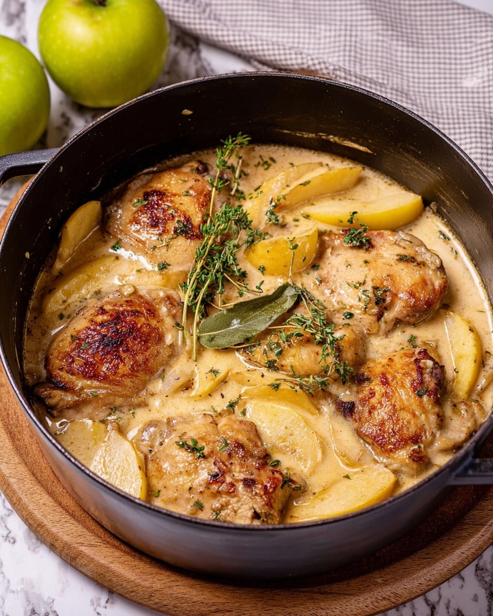 A black pot contains a creamy dish with five browned chicken pieces partially submerged in a thick, light beige sauce. Yellow slices of cooked apple are scattered throughout, with green fresh thyme and bay leaves placed on top and around the chicken, adding contrast to the smooth sauce. The pot is set on a wooden board, with green apples and a checkered cloth in the white marbled background. The overall look is warm and hearty, with textures showing from the browned chicken skin to the tender apple slices and fresh herbs. photo taken with an iphone --ar 4:5 --v 7