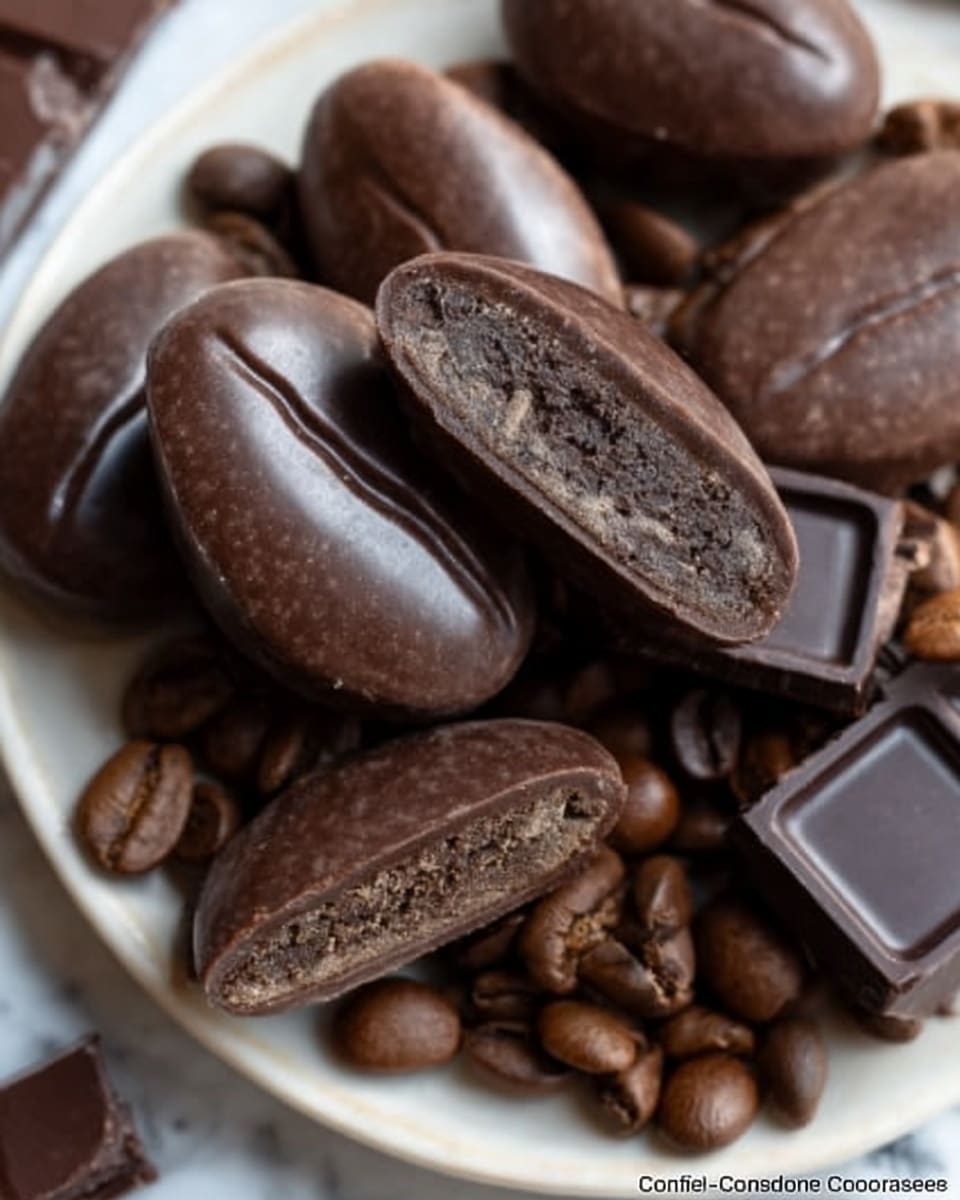 The image shows several smooth, dark brown chocolate pieces shaped like coffee beans, some whole and some cut open to reveal a rich, crumbly textured inside. These chocolates sit on a white plate surrounded by glossy roasted coffee beans, with part of a broken dark chocolate bar visible on the side. The background has a white marbled texture. Photo taken with an iphone --ar 4:5 --v 7