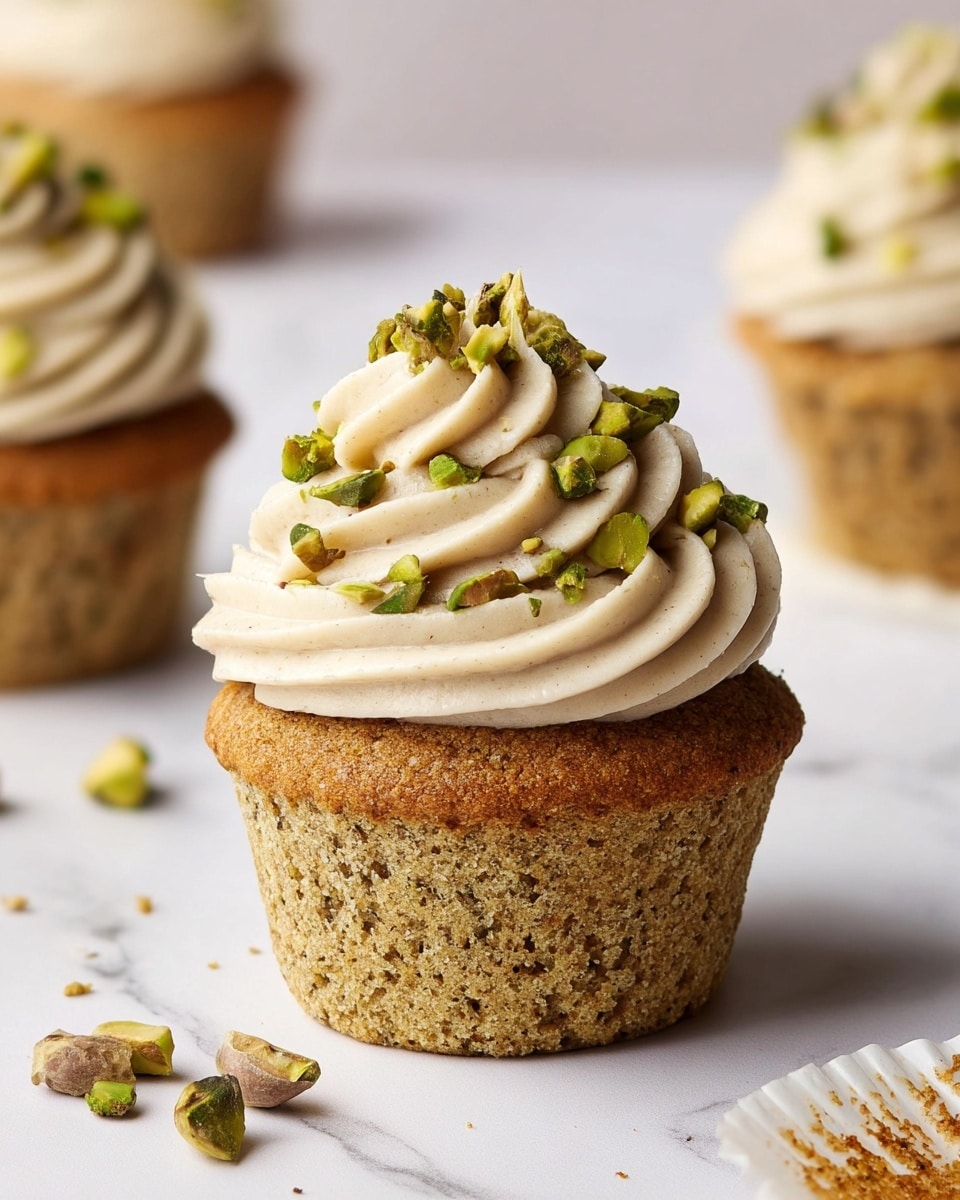 A single cupcake sits at the center on a white marbled surface, showing two main layers: a bottom layer of light brown, textured cake with visible small bits, and a top layer of creamy, smooth, light beige frosting piped in thick swirls that form a dome shape, topped with small, unevenly scattered chopped green pistachio pieces. Around the cupcake are a few whole pistachios and crumbs, and blurred light brown cupcakes with similar frosting appear in the background on the same white marbled surface. photo taken with an iphone --ar 4:5 --v 7