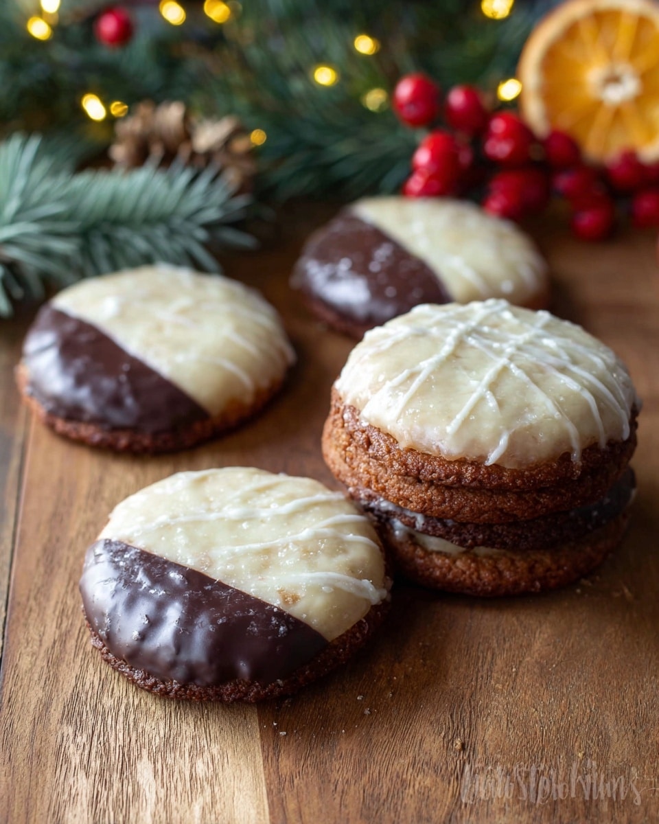 The image shows five round cookies arranged on a light brown wooden surface with a green leaf and red berries blurred in the background. Each cookie has two layers: the bottom layer is dark brown chocolate covering the base, and the top layer is a golden-brown spiced cake with a light white icing glaze unevenly spread on top. The glaze has a slightly shiny texture with a few spots where the cake peeks through. The cookies are close to each other, with the front cookie in clear focus and the others gradually more blurred. photo taken with an iphone --ar 4:5 --v 7