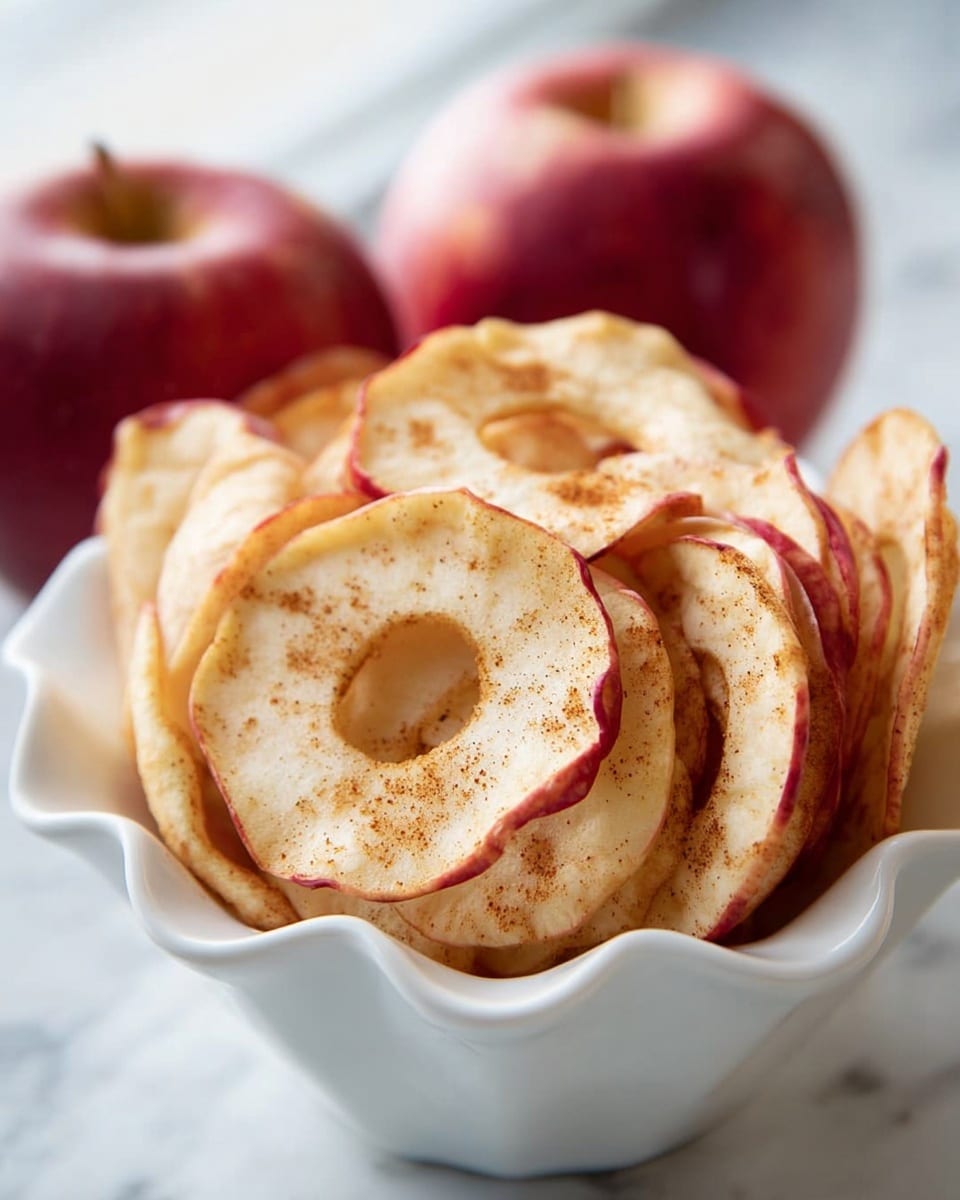 A white dish shaped with soft curves is filled with many thin apple slices arranged upright and overlapping. Each slice shows the apple skin edge in a mix of red and yellow colors, and the inside is coated lightly with brown cinnamon powder giving a warm, speckled look. The apple slices have round holes in the center, showing they are cored. Under the dish on a white marbled surface sit two whole red apples with shiny skins and two cinnamon sticks placed beside them, adding to the cozy and fresh feel of the image. photo taken with an iphone --ar 4:5 --v 7