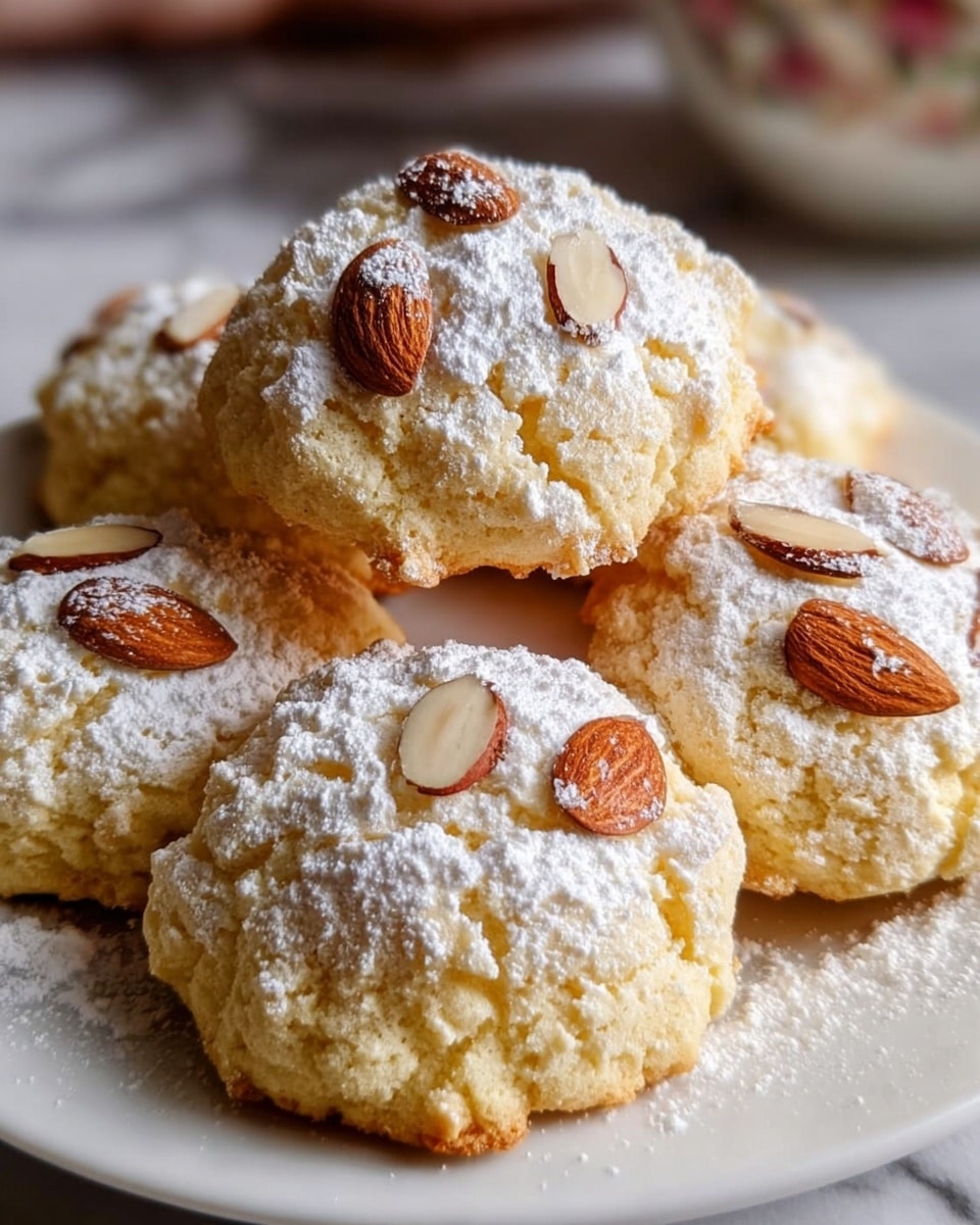 The image shows a close-up of five light golden cookies placed closely together on a white plate, set on a white marbled surface. Each cookie has a slightly rough, crumbly texture and is topped with a dusting of white powdered sugar, creating a soft, powdery layer. Scattered on top of the sugar are thin almond slices and whole almonds, providing a mix of light beige and brown colors with smooth textures. The cookies are arranged in a small pile, with soft shadows highlighting their rounded, slightly uneven shapes. photo taken with an iphone --ar 4:5 --v 7