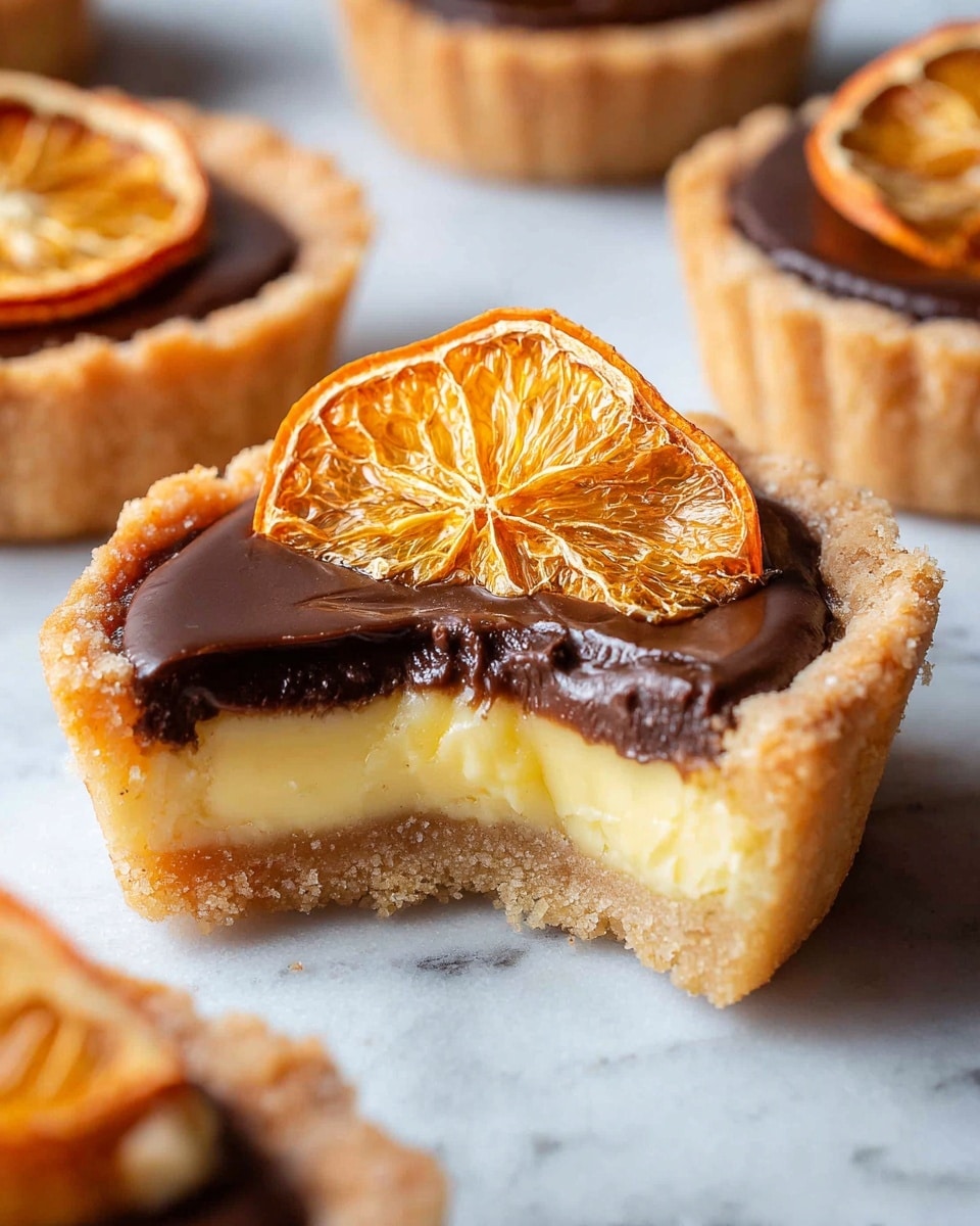 The image shows a small tart with three main visible layers: a golden brown crumbly crust forming the base and sides, a thick pale yellow creamy filling in the middle, and a smooth dark chocolate layer on top that shines slightly under the light, cut to show the inside clearly. Two dried orange slices with textured, crinkled edges and translucent orange centers rest upright on the tart's chocolate surface. The tart is placed on a white marbled surface, with similar tarts in the blurry background. photo taken with an iphone --ar 4:5 --v 7
