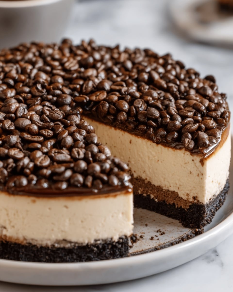 A round cheesecake with three distinct layers sits on a white plate against a white marbled surface. The bottom layer is a dark, crumbly chocolate crust. Above that is a thick, smooth, light cream-colored cheesecake layer. The top layer is a dense covering of shiny, dark brown coffee beans spread evenly across the surface. A wedge has been cut out, revealing the creamy texture inside and the layers clearly. The photo taken with an iphone --ar 4:5 --v 7