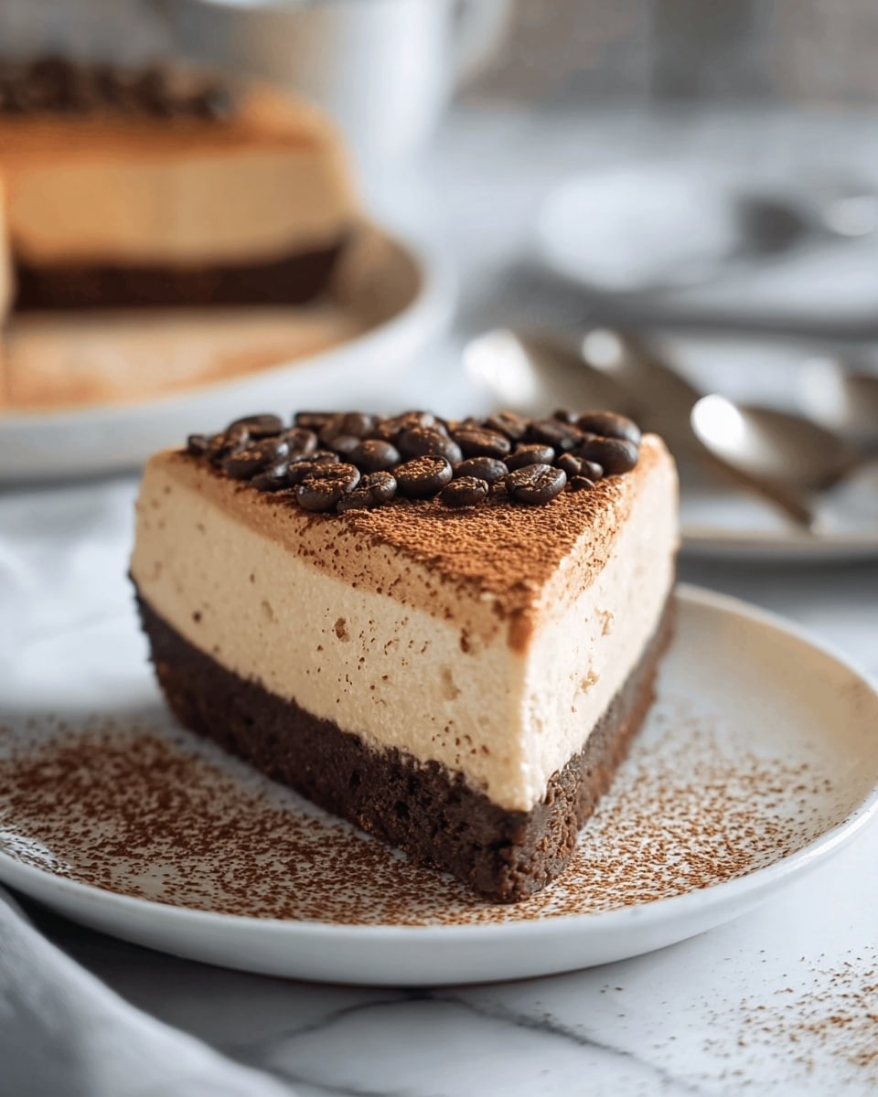 A slice of two-layered dessert on a white plate sits on a white marbled surface. The bottom layer is thick, dark brown, and dense like a chocolate crust, while the top layer is creamy, light tan, and smooth with a slightly airy texture. The top is dusted with cocoa powder and sprinkled with whole coffee beans. The edges are clean and slightly textured, and the plate has some cocoa powder sprinkled around the slice. In the background, there are blurred lighter-colored objects suggesting more food and spoons resting nearby. photo taken with an iphone --ar 4:5 --v 7