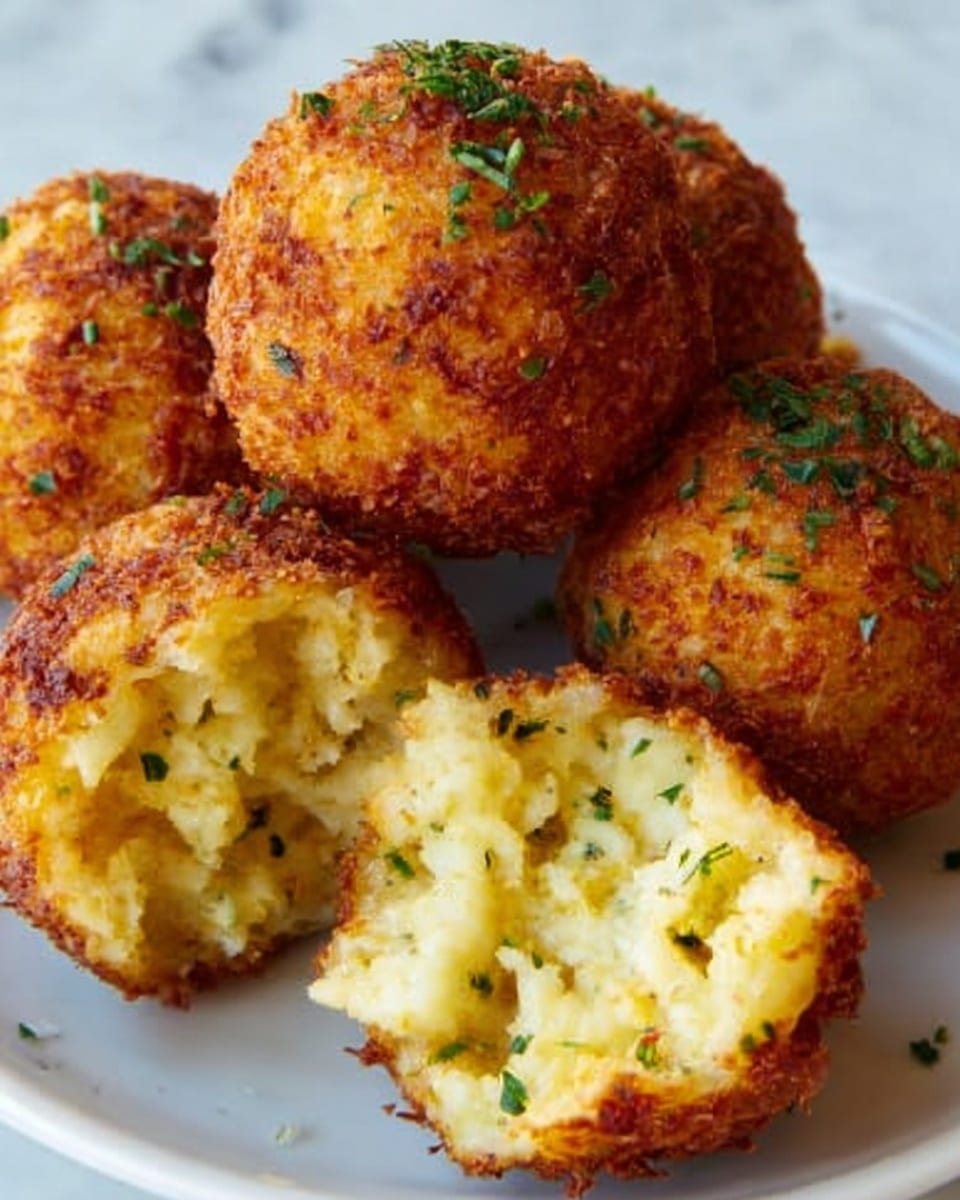 A close-up of four golden-brown, crispy fried balls with a rough textured crust sprinkled with small green herbs on top, placed on a plain white plate. One ball is cut in half, showing a soft, creamy, pale yellow inside with small green flecks. The background is a white marbled surface. Photo taken with an iphone --ar 4:5 --v 7