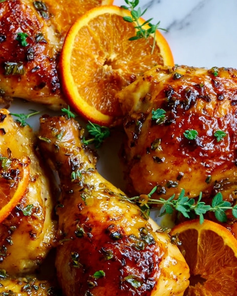 The image shows a close-up of golden-brown roasted chicken legs with a shiny glaze, topped with small green herb leaves scattered around. There are thin slices of bright orange placed on top and between the chicken pieces, adding a fresh look. The chicken skin looks crispy with a textured, slightly sticky surface, and the orange slices display their juicy, detailed inner segments. The scene is set on a white marbled surface. Photo taken with an iphone --ar 4:5 --v 7