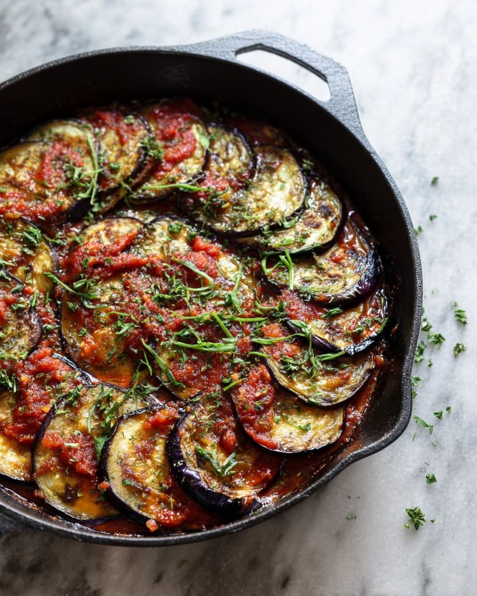 A black cast iron skillet filled with several layers of cooked eggplant slices arranged in a circular pattern, the top layer showing golden-brown, slightly charred edges and soft, pale inner flesh. Each eggplant slice is covered with a chunky red tomato sauce and sprinkled with thinly sliced green herbs that add a fresh contrast. The skillet sits on a white marbled texture surface, with a few small herb pieces scattered nearby. photo taken with an iphone --ar 4:5 --v 7
