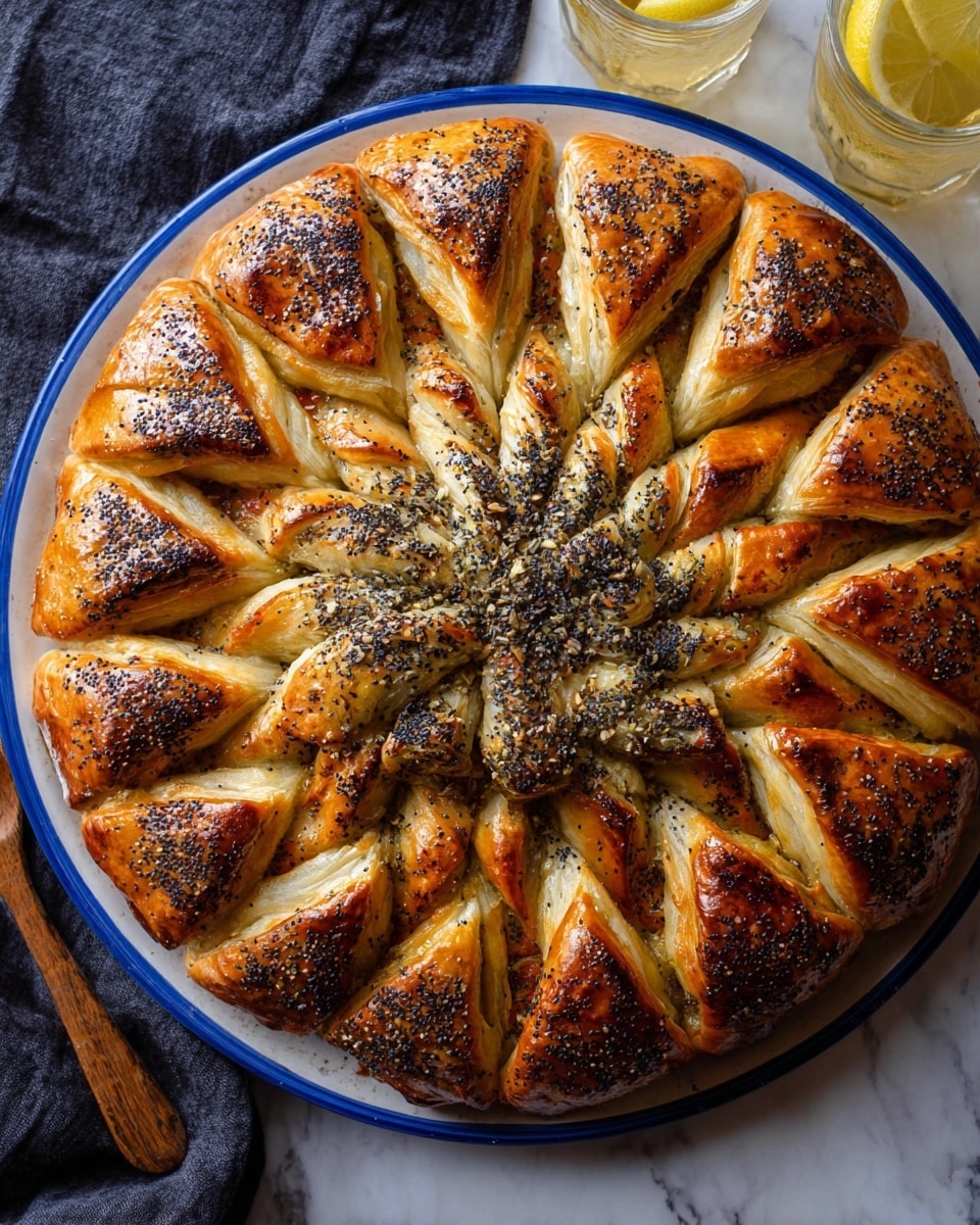 The image shows a round pastry arranged in a flower shape on a white plate with a blue edge, placed on a white marbled texture. The pastry has three main layers: a center circle covered with small black seeds, followed by 16 twisted golden-brown sections with visible layers of flaky dough and a reddish filling inside, each sprinkled with black seeds, and finally, 16 triangular outer pieces with a shiny, browned surface and poppy seeds. The whole pastry glistens with a golden crust, and there are two glasses of lemon water and part of a dark cloth next to the plate. Photo taken with an iphone --ar 4:5 --v 7