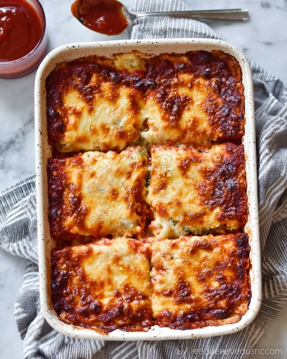 A white speckled square baking dish contains a baked casserole cut into five uneven rectangular pieces. The top layer is golden brown and bubbly cheese with some darker browned spots, showing a slightly rough melted texture. Beneath the cheese, a thick layer of deep red sauce peeks out at the edges. The dish rests on a white and gray striped cloth on a crumpled white marbled surface. Nearby is a glass jar of dark red sauce and a metal utensil, all softly lit. photo taken with an iphone --ar 4:5 --v 7