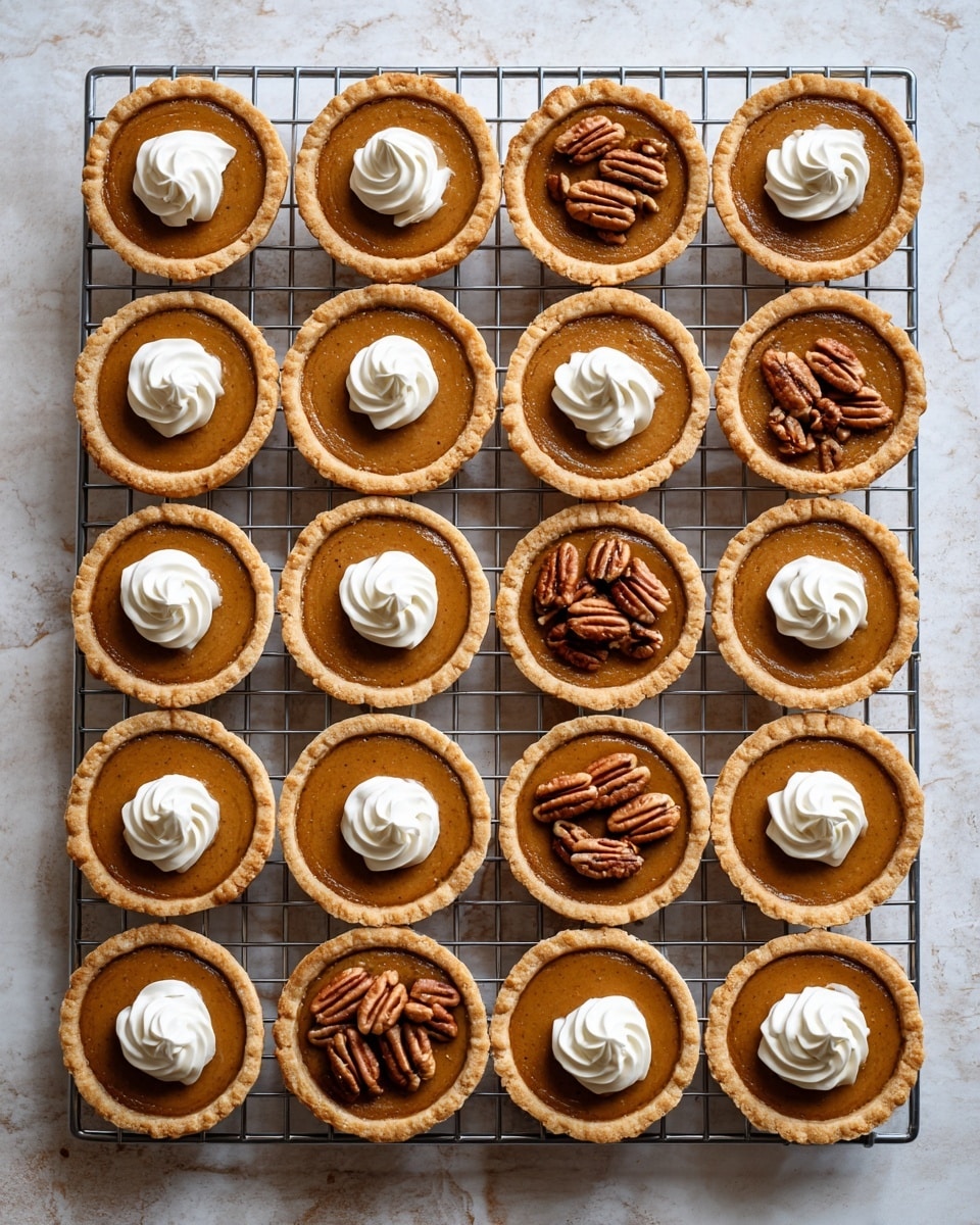 The image shows 24 small tarts arranged in four rows on a metal cooling rack, placed on a white marbled texture. Each tart has a golden brown crust with crimped edges. Inside the crust is a smooth, deep amber filling topped with a swirl of white whipped cream right in the center. Some tarts have a few small pieces of walnuts sprinkled next to the whipped cream, adding texture and contrast. The light shines evenly on the tarts, highlighting the glossy filling and the soft cream swirls. photo taken with an iphone --ar 4:5 --v 7