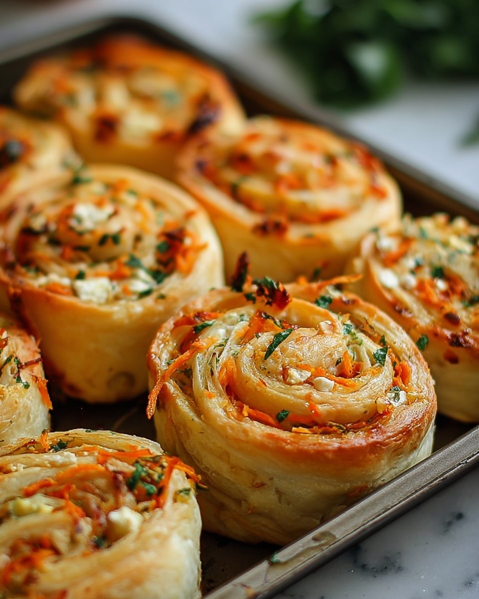 The image shows a close-up of several golden-brown pastry rolls arranged in a baking tray. Each roll has multiple layers of soft dough with a shiny, slightly crispy crust on the outside. Inside the swirled layers, there are thin strips of bright orange carrots, white cheese, and small green herb pieces sprinkled on top and between layers. The rolls are evenly spaced, and the tray has some browned, baked-on spots adding a rustic touch. The background is a white marbled surface with parts of green leaves slightly visible in the blurred distance. photo taken with an iphone --ar 4:5 --v 7