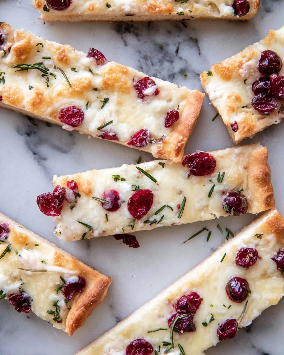 The image shows several long rectangular flatbread slices placed close to each other on a white marbled surface. Each flatbread has a golden-brown thin crust base with a slightly crispy edge. The top layer is covered with melted creamy white cheese, scattered unevenly. There are small whole red cranberries embedded in the cheese layer on each slice, adding pops of dark red color. Small green rosemary leaves are sprinkled across the flatbread, offering a fresh, textured look. The overall color palette is warm and inviting with a mix of golden, white, red, and green tones. photo taken with an iphone --ar 4:5 --v 7