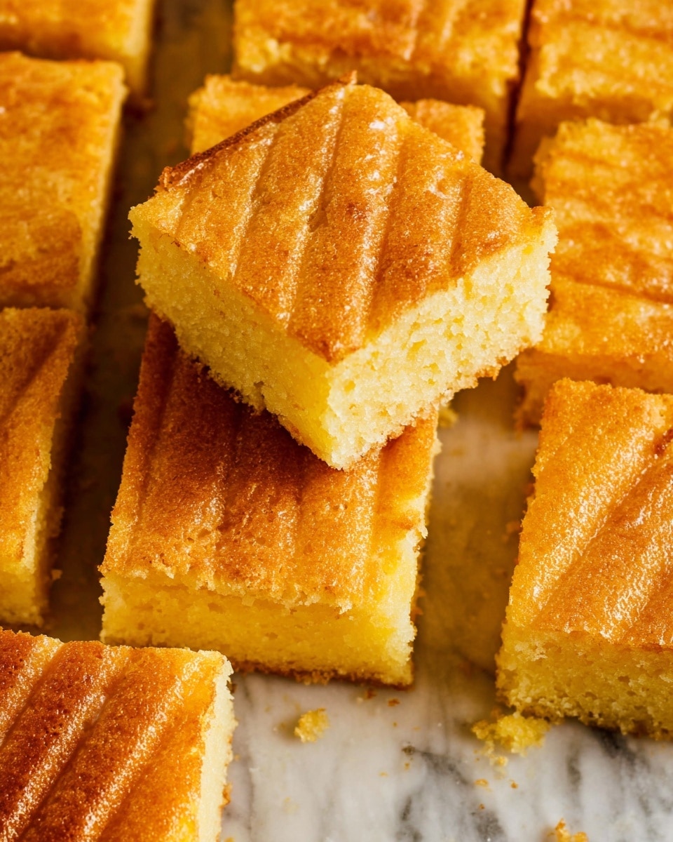 A close-up view of golden-brown square pastries arranged on a white marbled surface, with one piece stacked slightly on top of another at the center, showing a soft and moist yellow interior and a crisp, shiny crust featuring a pattern of parallel lines on the top layer, the edges neatly cut and the texture crumbly and rich, photo taken with an iphone --ar 4:5 --v 7