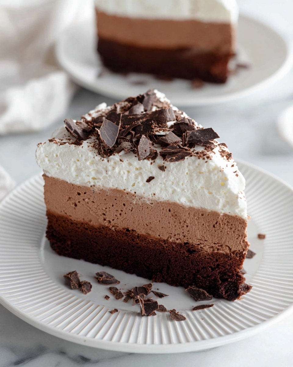 A slice of three-layer chocolate mousse cake sits on a white plate with light ridges. The bottom layer is a dark brown, dense chocolate cake base. Above it is a thick middle layer of lighter brown, smooth chocolate mousse with a slightly airy texture. The top layer is a white, creamy whipped topping, sprinkled with curled dark chocolate shavings. There are a few chocolate shavings scattered on the plate. In the background, another slice of the same cake is slightly out of focus on a similar white plate. The setting is on a white marbled surface. photo taken with an iphone --ar 4:5 --v 7