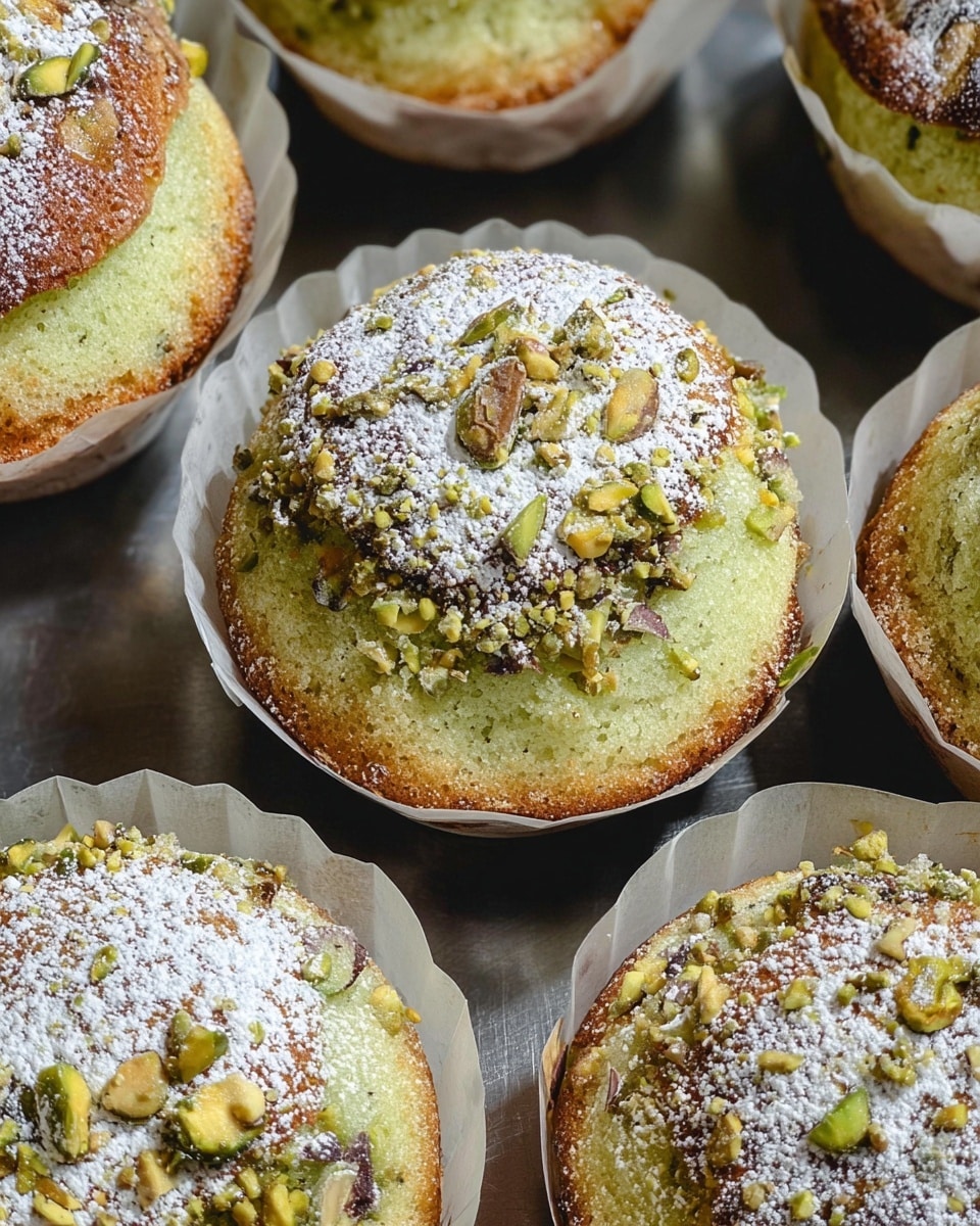 The image shows several round pastries placed in white paper liners, each pastry having two visible layers. The bottom layer is slightly browned and looks soft and sponge-like, while the top layer is pale green with a crumbly texture. The green layer is sprinkled with chopped nuts, mainly pistachios, and dusted with powdered sugar, giving a sparkly effect. The pastries rest closely together on a dark surface, creating a cozy and inviting display. Photo taken with an iphone --ar 4:5 --v 7