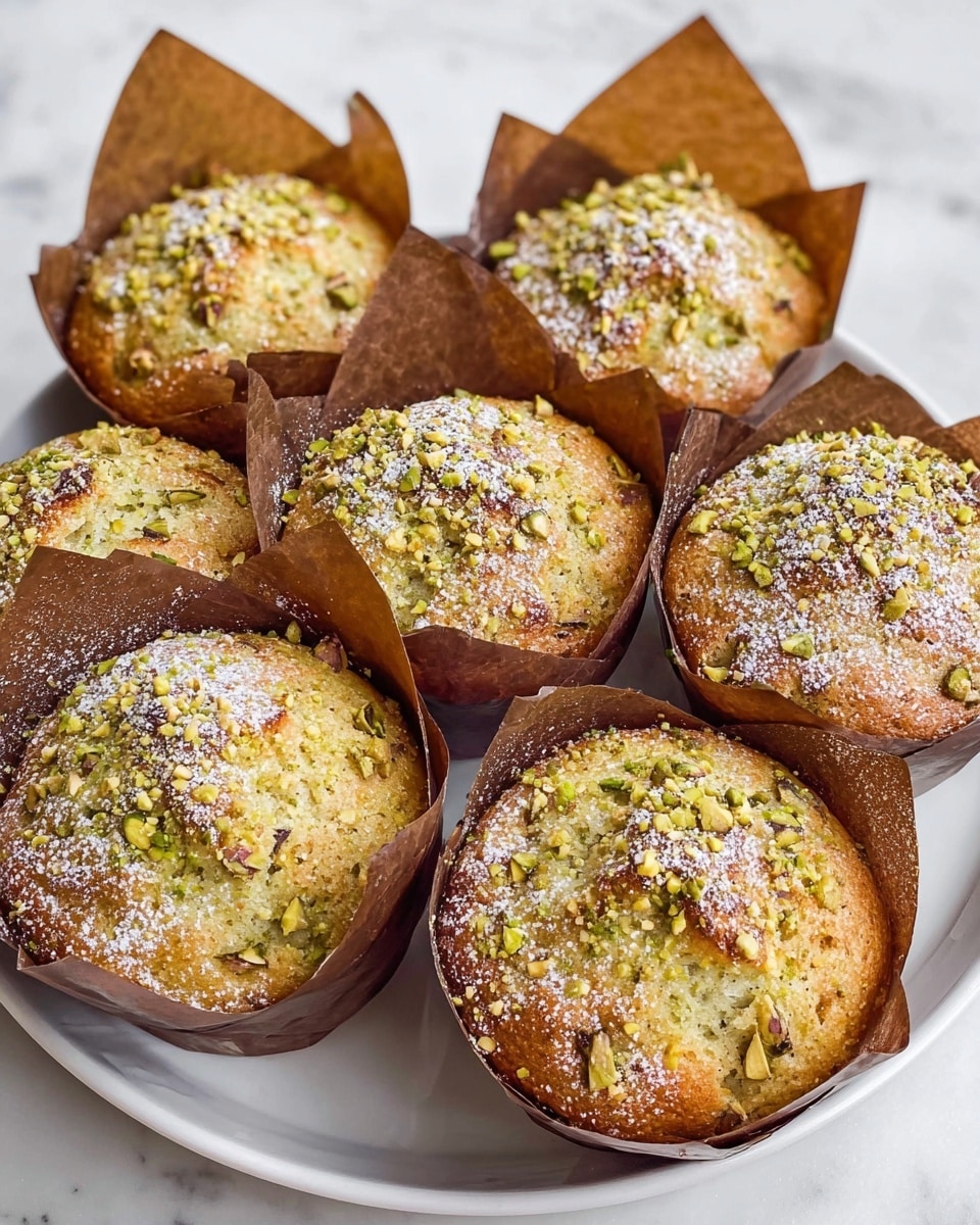 The image shows seven pistachio muffins arranged closely on a white plate, each wrapped in crinkled brown parchment paper liners. The muffins have a golden-brown top with a light green tint from the pistachio, sprinkled generously with crushed pistachio bits and a dusting of powdered sugar, creating a textured and slightly crumbly surface. The muffins have a slightly domed shape, and their edges peek over the liners, revealing a moist, dense crumb. The plate sits on a white marbled surface that adds a soft, bright contrast to the warm tones of the muffins. photo taken with an iphone --ar 4:5 --v 7