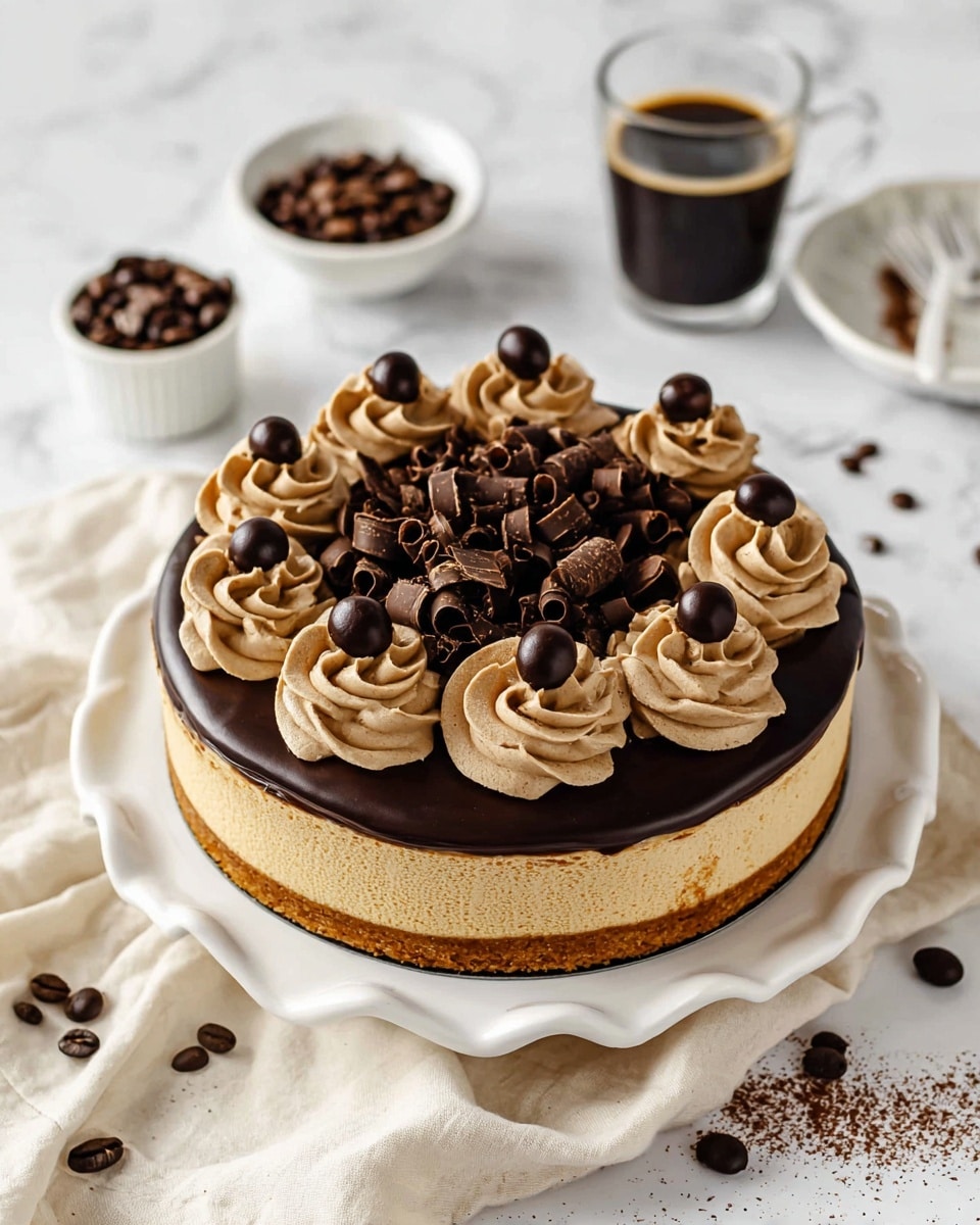 A round cake with a light brown base layer sits on a white scalloped plate. The top layer is dark chocolate ganache, smooth and shiny, covering the entire surface. Around the edge, there are evenly spaced swirls of light brown cream frosting, each topped with a glossy dark chocolate-coated coffee bean. The center is piled high with dark chocolate curls, dusted lightly with cocoa powder. The cake is placed on a cream cloth over a white marbled surface, with scattered coffee beans nearby. In the background, there is a clear glass cup filled with black coffee and two small white bowls, one filled with coffee beans and the other with chocolate-covered coffee beans. Photo taken with an iphone --ar 4:5 --v 7