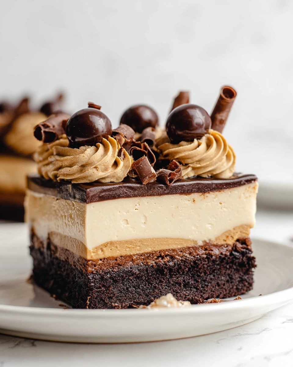 A close-up view of a layered dessert with three main layers visible on a white plate on a white marbled surface; the bottom layer is dark brown and dense, resembling a chocolate brownie base, the middle layer is thick and creamy with a light caramel color, topped by a thin, smooth, dark chocolate ganache layer. On top of the ganache are decorative swirls of light brown cream, each crowned with a shiny dark chocolate ball, and several large, curled dark chocolate shavings scattered across the top. The dessert is partially sliced, showing the texture of each layer clearly. Photo taken with an iphone --ar 4:5 --v 7