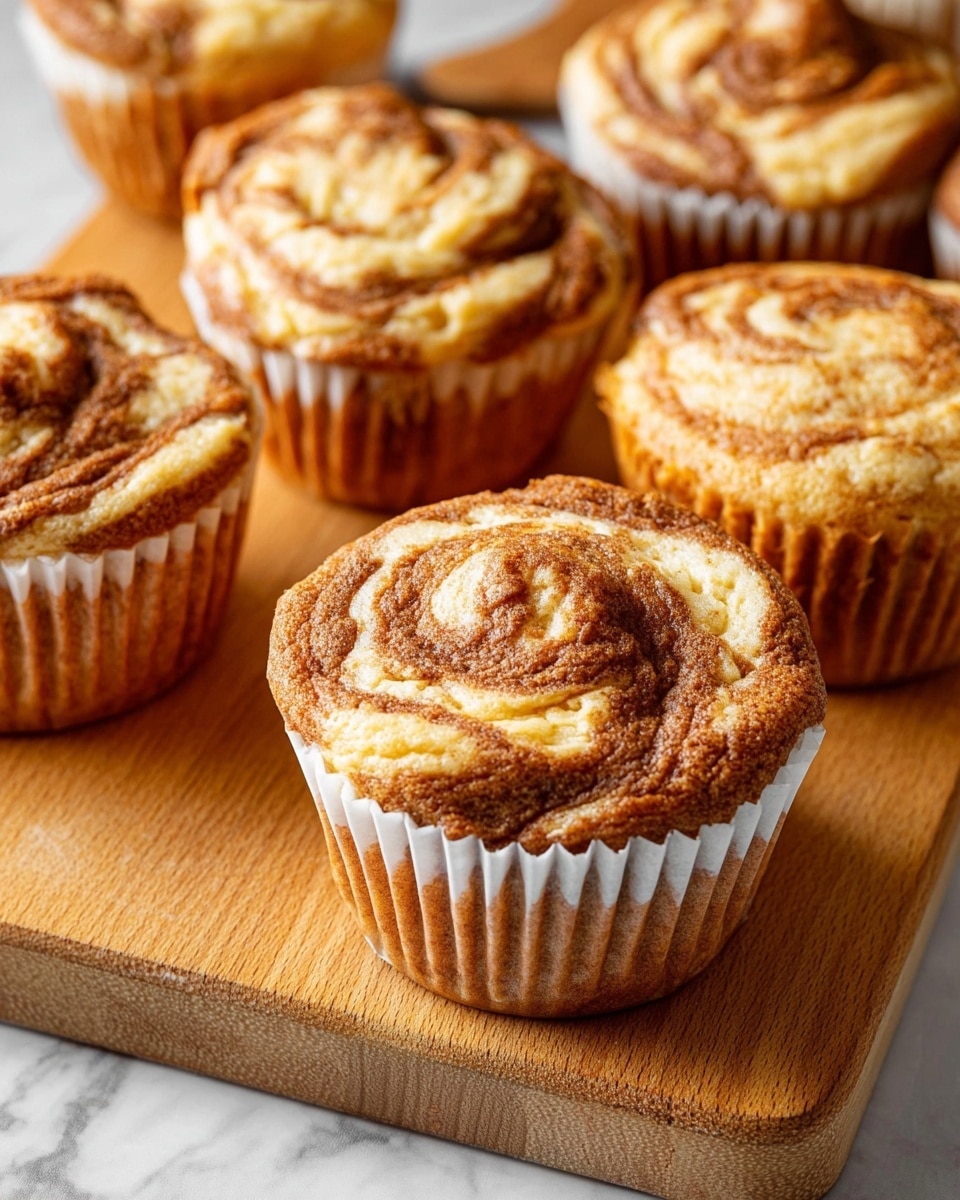 The image shows several muffins with a swirl pattern of light cream and brown colors on top, each in a white paper liner. The muffins have a soft and slightly cracked texture on the surface, and they are placed closely together on a wooden cutting board. The wooden board rests on a white marbled surface, adding a clean and bright contrast to the warm tones of the muffins and board. The scene captures a warm and fresh-baked feeling. photo taken with an iphone --ar 4:5 --v 7