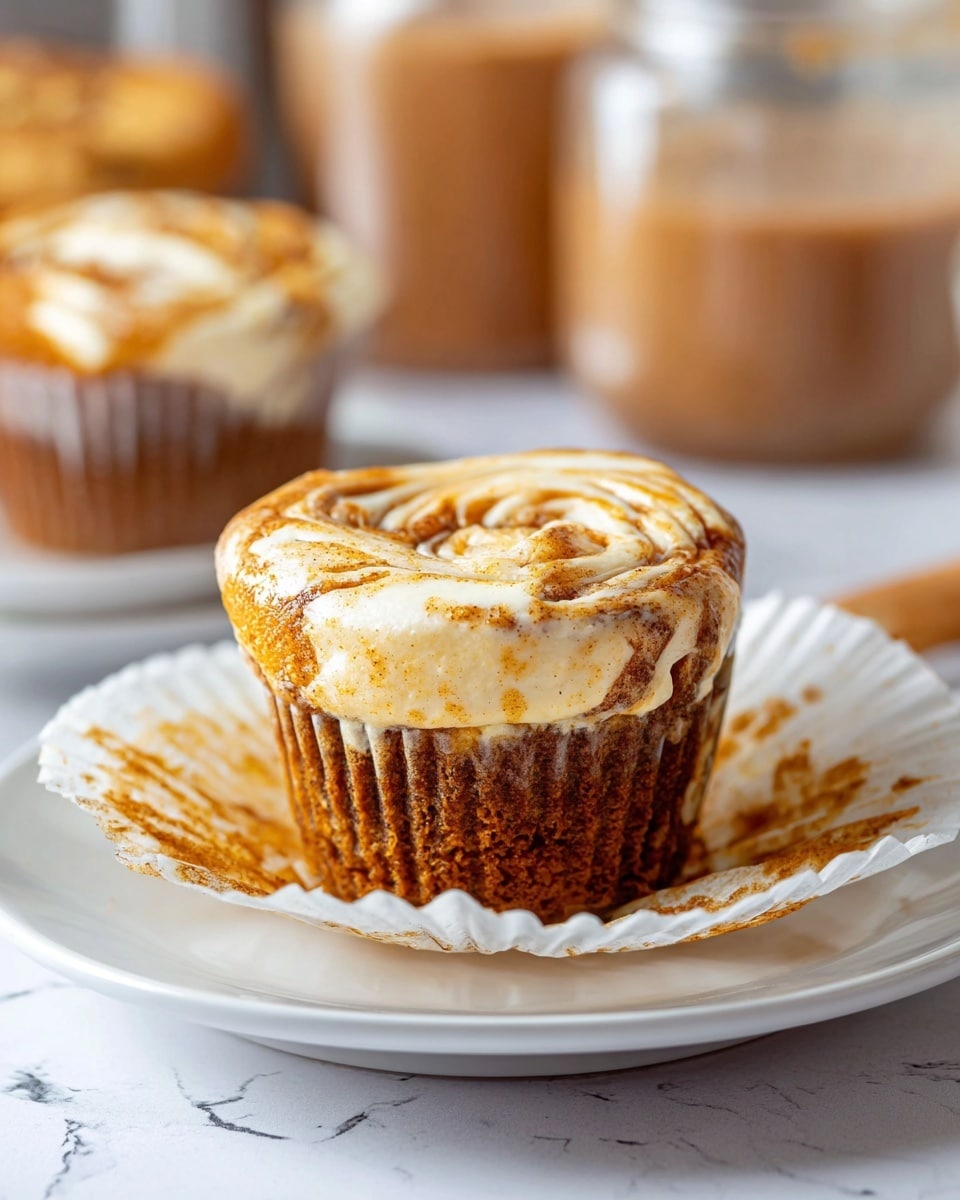 A close-up view of a single cinnamon roll muffin with two main layers: the bottom is a darker brown spiced cake, and the top is a light creamy swirl layer with white and golden brown cinnamon patterns. The muffin sits partially unwrapped in a white paper liner that is slightly stained with cinnamon. It is placed on a simple white plate, all set on a white marbled textured surface. In the blurry background, there are two more cinnamon roll muffins and glass containers with brown and beige contents. photo taken with an iphone --ar 4:5 --v 7