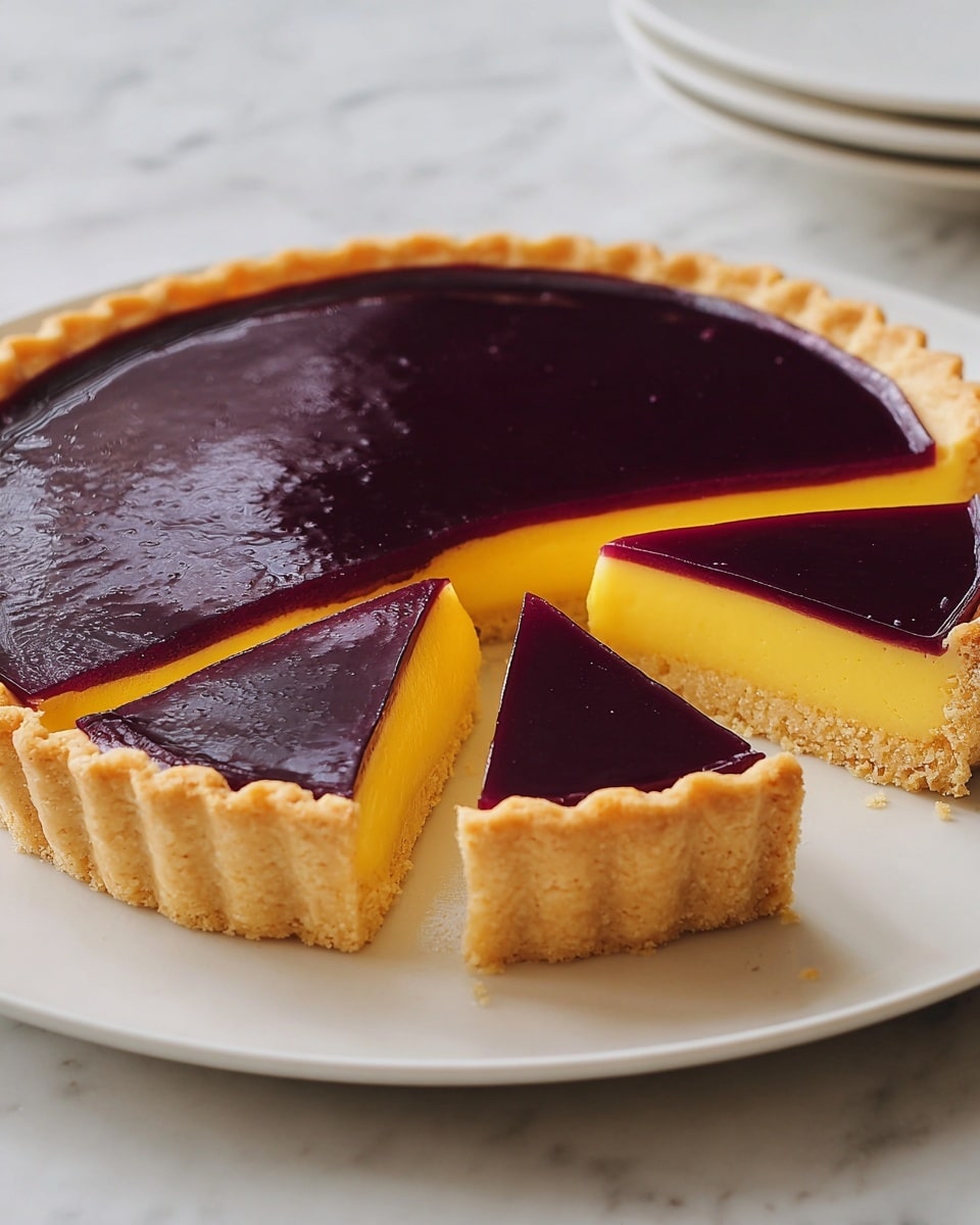 A tart with three distinct layers is shown on a white plate on a white marbled table. The bottom layer is a golden, crumbly crust that forms a thick base and the edge around the tart with a scalloped pattern. The middle layer is smooth and creamy bright yellow, slightly thicker than the crust. The top layer is a glossy, deep purple jelly-like glaze that covers the whole surface evenly and contrasts with the yellow below. A single slice is cut and pulled out slightly, revealing the clean separation between the layers. photo taken with an iphone --ar 4:5 --v 7