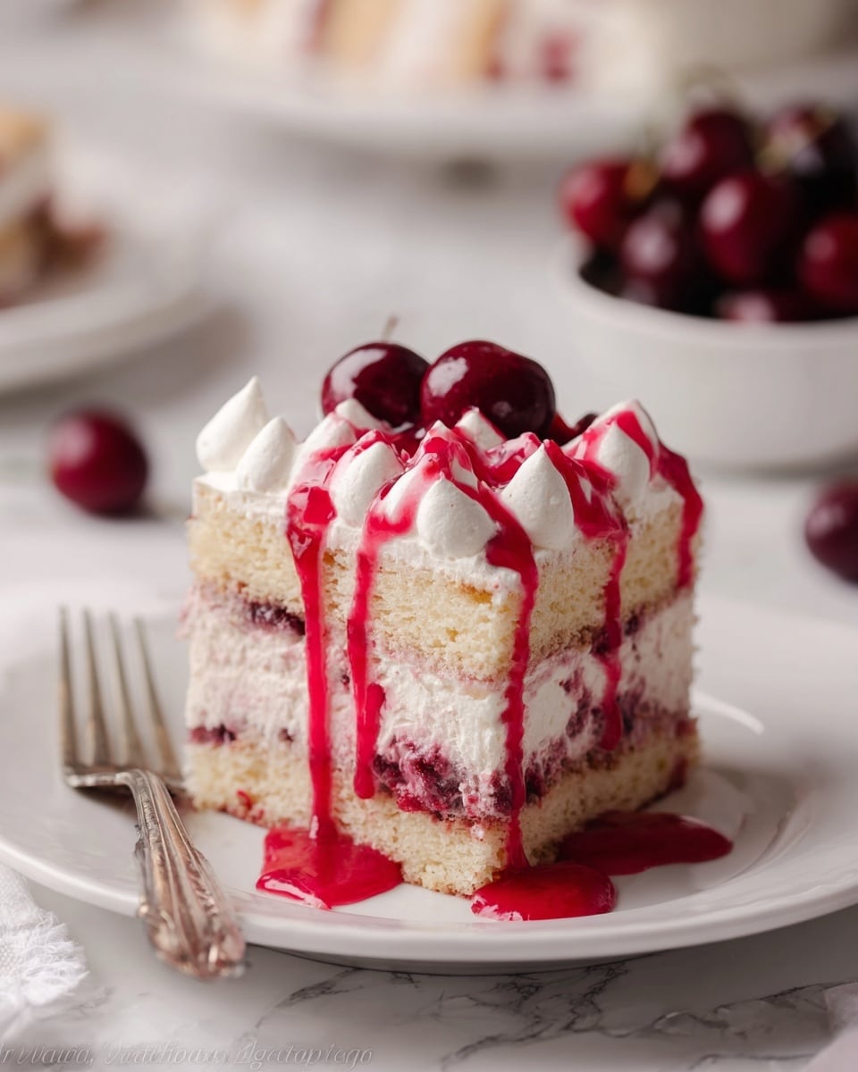 A square slice of layered cake rests on a white plate, placed on a white marbled surface. The cake has four visible layers: the bottom layer is light beige sponge cake soaked in red cherry syrup, followed by a thick white creamy layer, then another sponge cake layer with red cherry bits, and topped with a layer of white cream dollops covered in drizzle of bright red cherry syrup that flows down the sides. The scene includes a silver fork lying near the plate, with some dark red cherries and a white bowl of cherries blurred in the background. Photo taken with an iphone --ar 4:5 --v 7