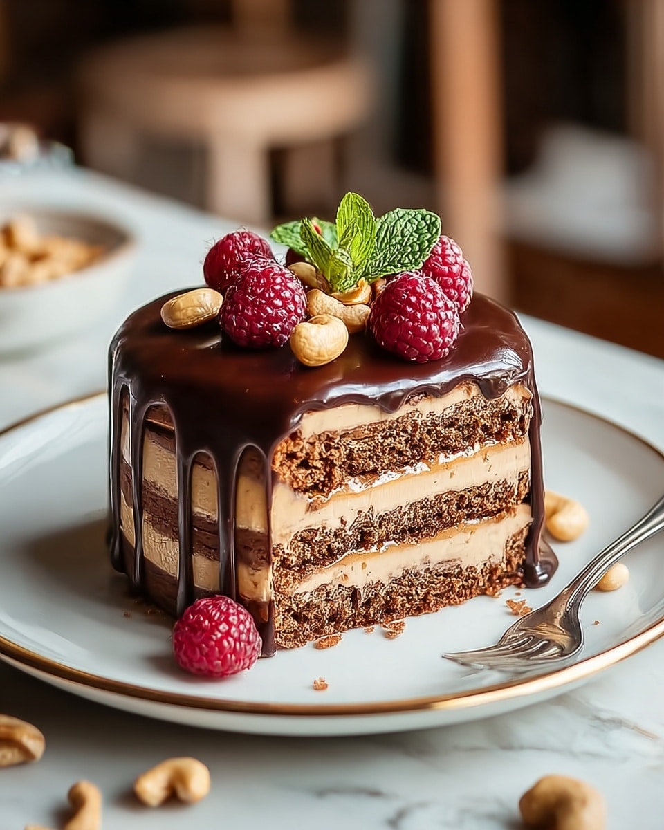 A three-layer round cake with light brown creamy filling between each layer of dense, dark brown cake is shown on a white plate with a thin gold rim. The top of the cake is covered with a shiny, dark chocolate glaze that drips down the sides unevenly. On top, there are several fresh raspberries, some whole cashew nuts, and a small green mint leaf arranged in a small cluster. A silver fork rests on the plate beside the cake, and there are scattered peanuts around the plate on a white marbled surface. The background is softly blurred, suggesting a cozy indoor setting. Photo taken with an iphone --ar 4:5 --v 7